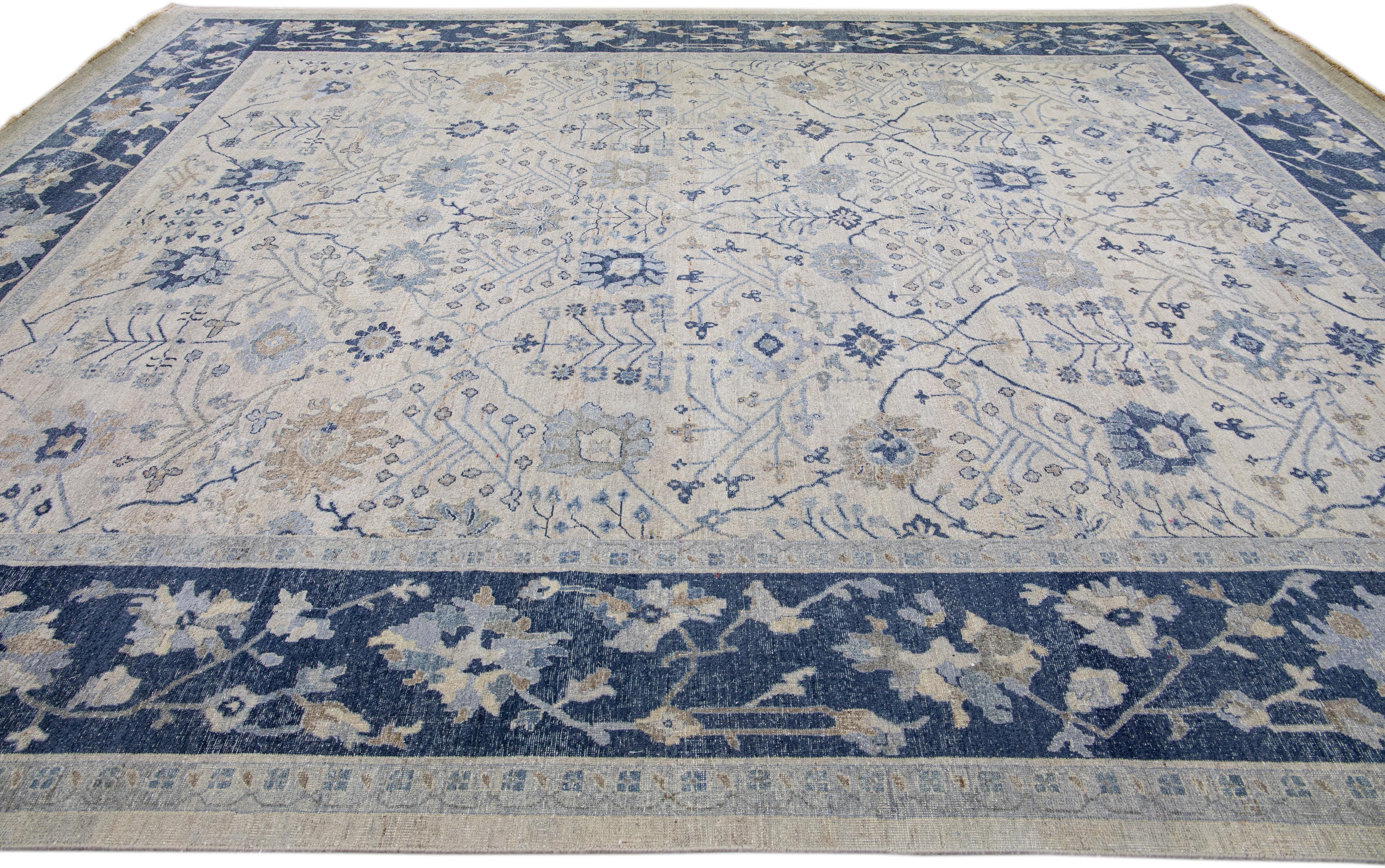 Hand-Knotted Apadana's Artisan Collection Handmade Floral Beige Oversize Wool Rug For Sale