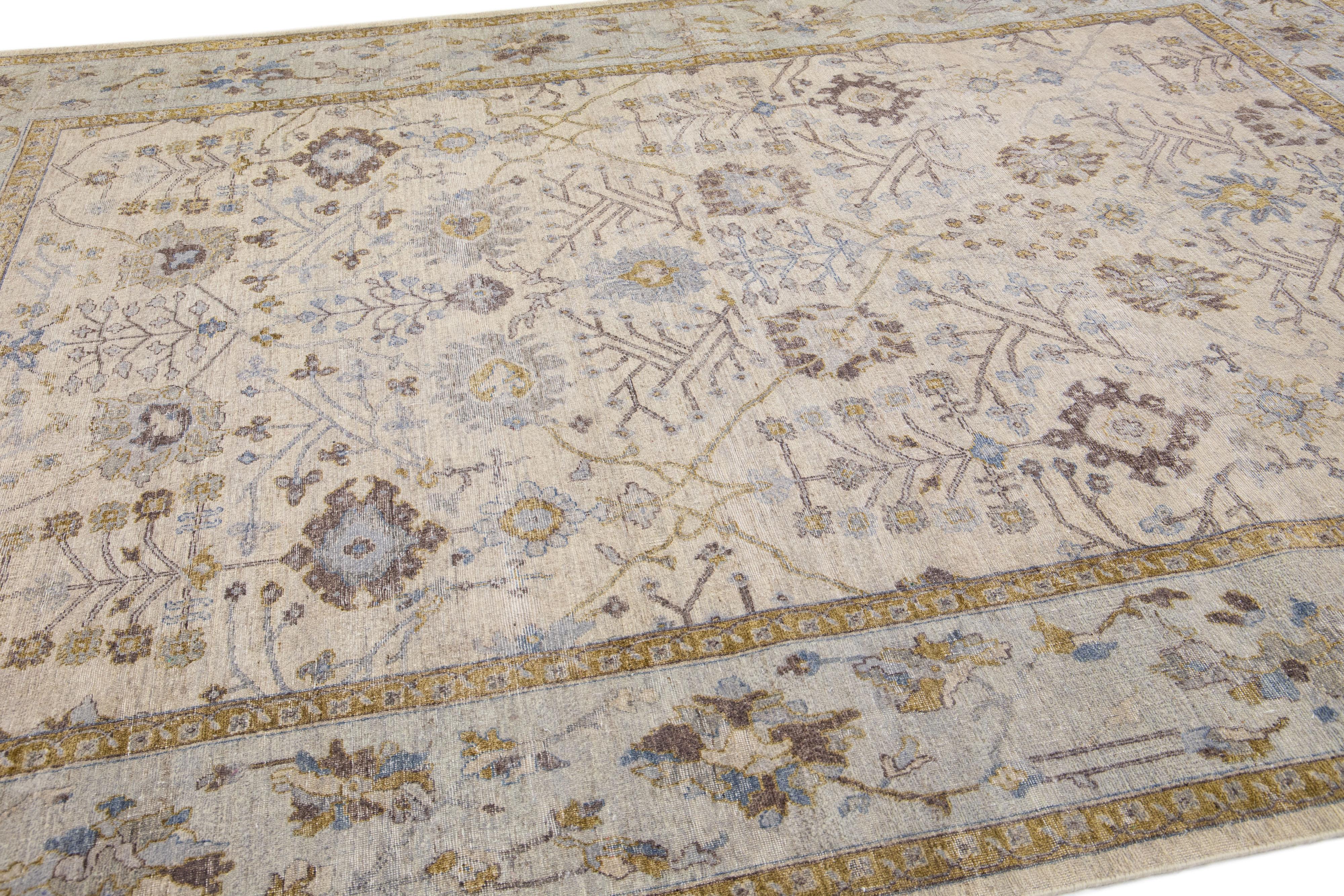 Hand-Knotted Apadana's Artisan Collection Handmade Floral Beige Wool Rug For Sale