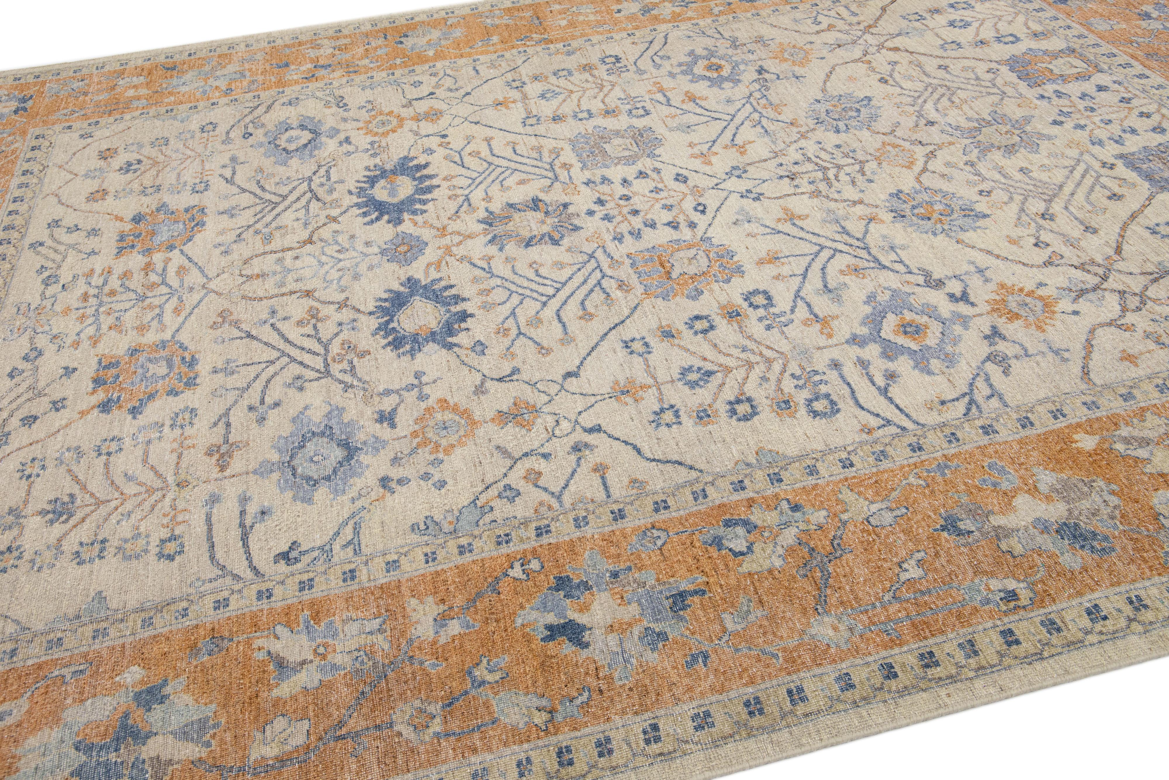 Hand-Knotted Apadana's Artisan Collection Handmade Floral Designed Beige and Orange Wool Rug For Sale