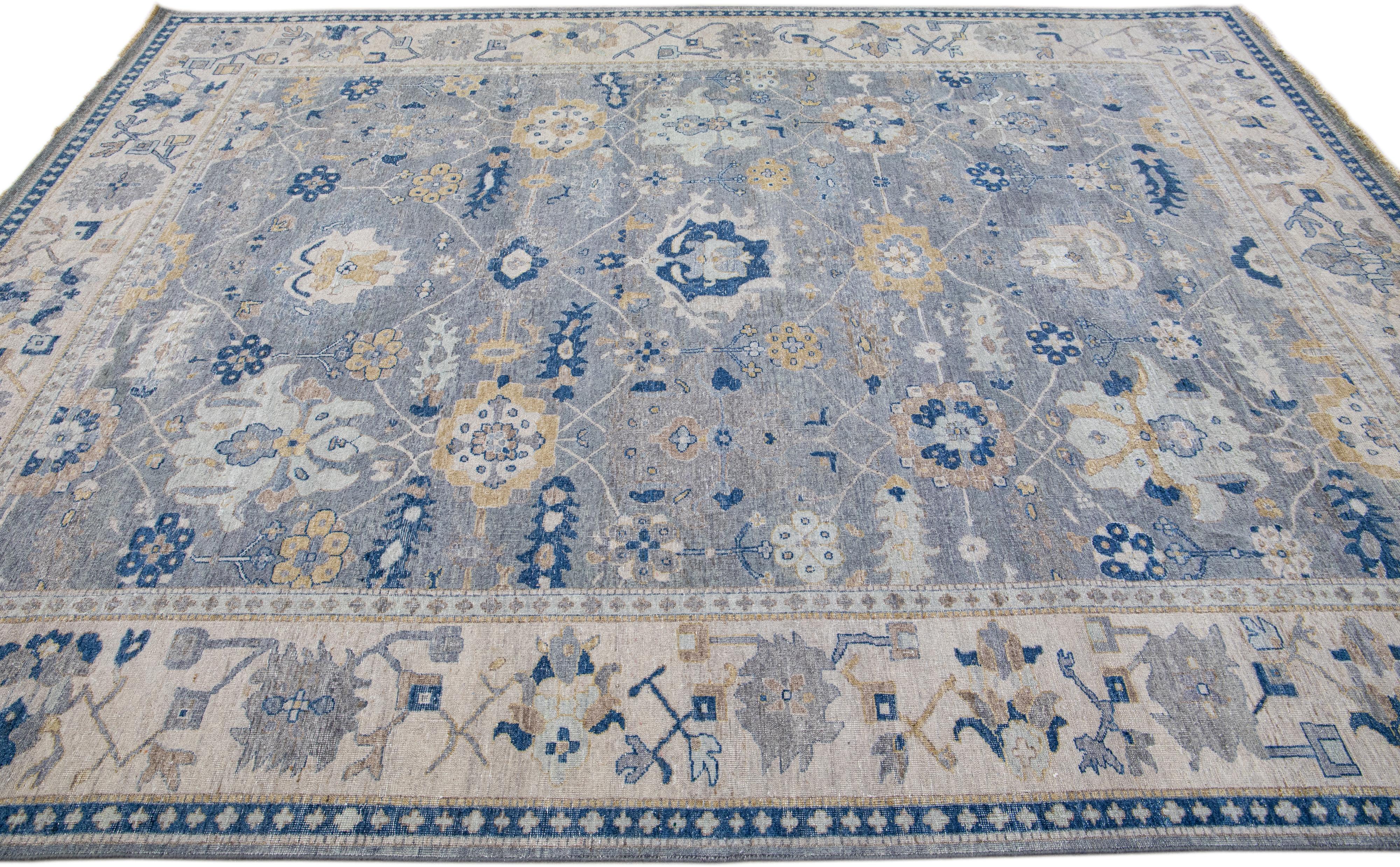 Indian Apadana's Artisan Collection Handmade Floral Designed Gray Wool Rug For Sale