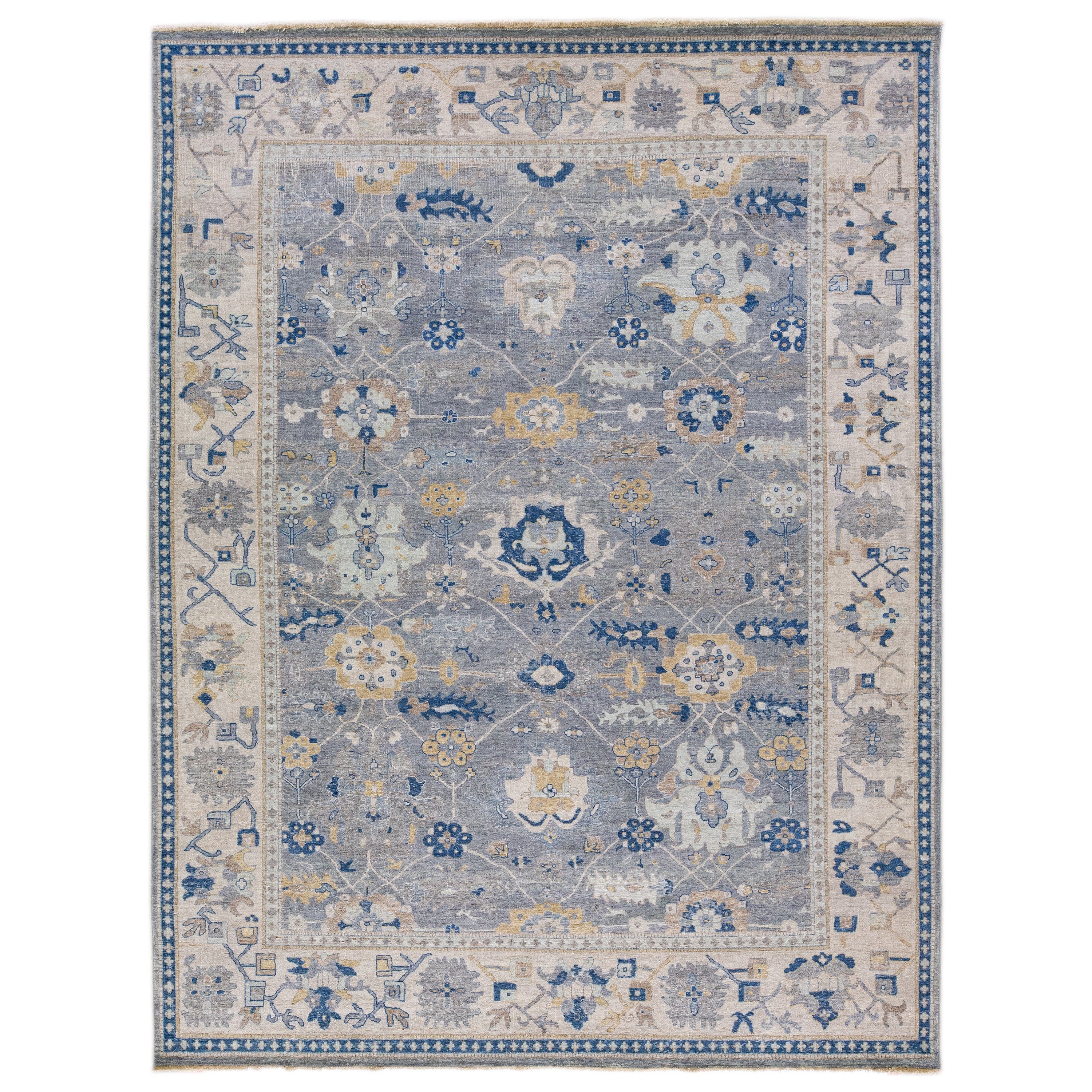 Apadana's Artisan Collection Handgefertigter, geblümter, grauer Wollteppich mit Blumenmuster
