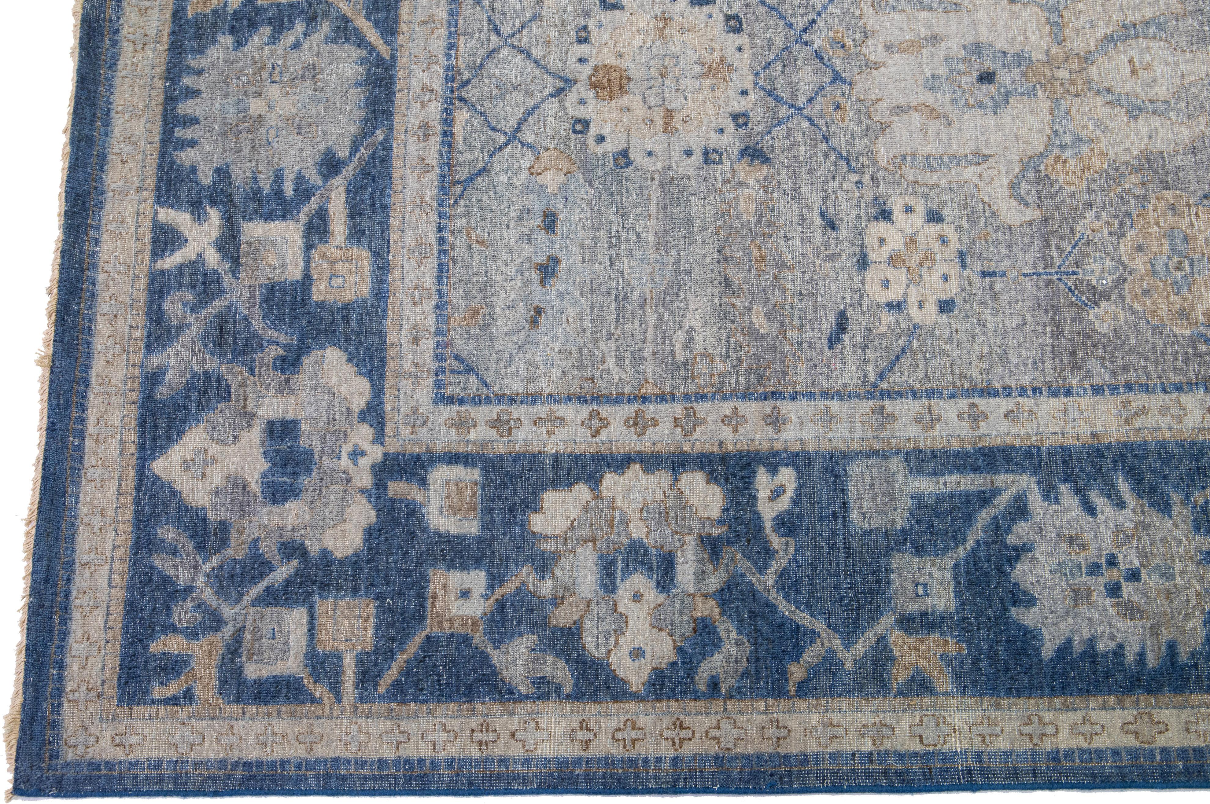 Indian Apadana's Artisan Collection Handmade Floral Gray And Blue Wool Rug For Sale