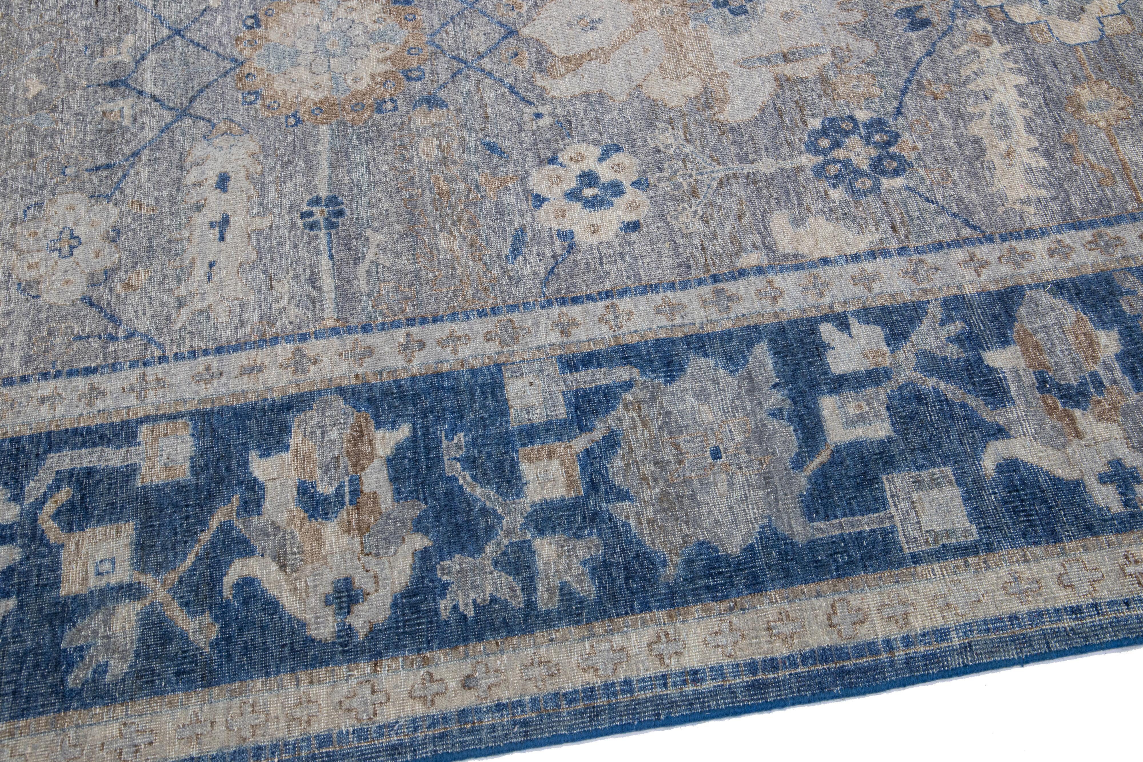 Apadana's Artisan Collection Handmade Floral Gray And Blue Wool Rug In New Condition For Sale In Norwalk, CT