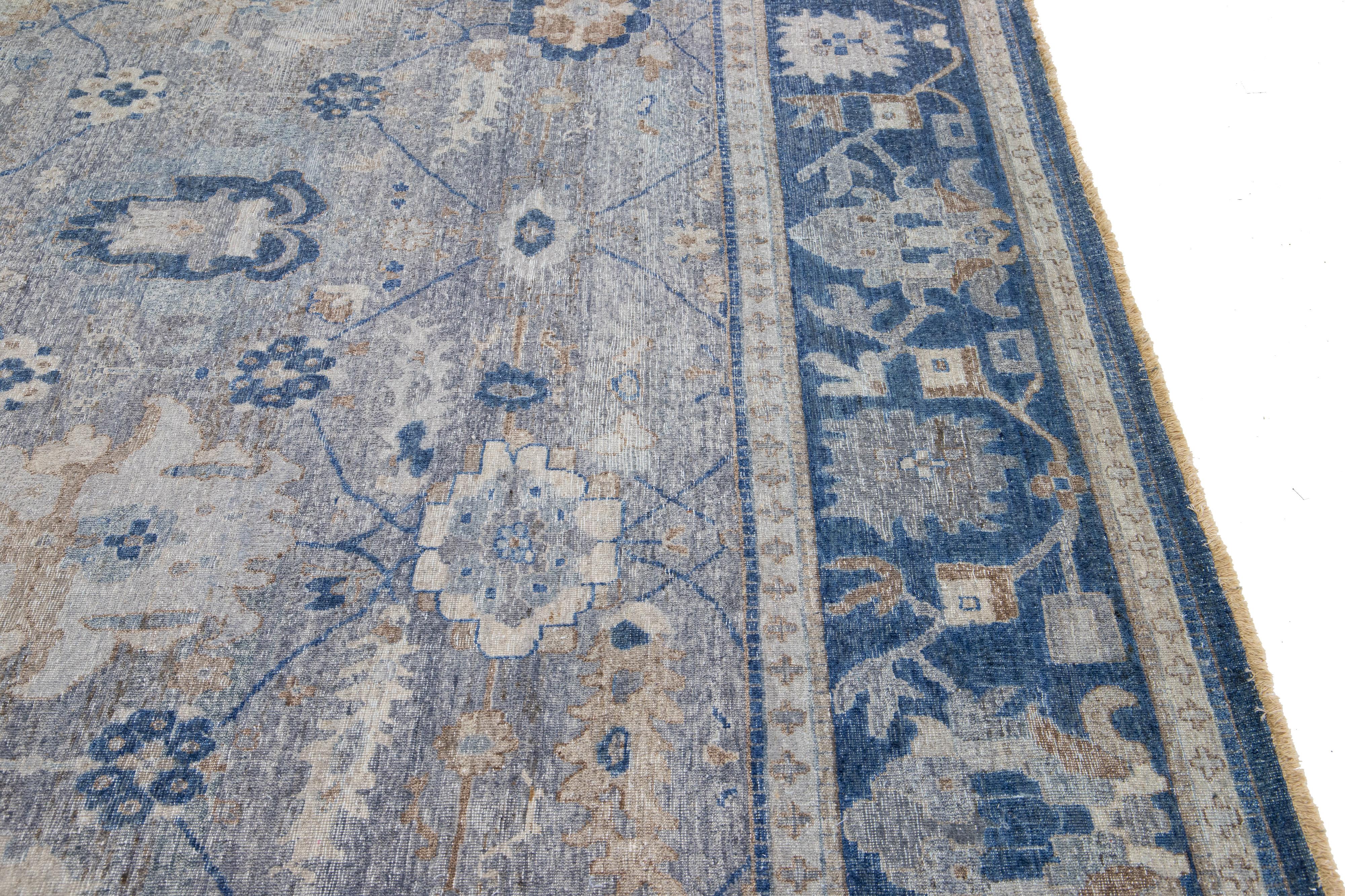 Apadana's Artisan Collection Handmade Floral Gray And Blue Wool Rug For Sale 2