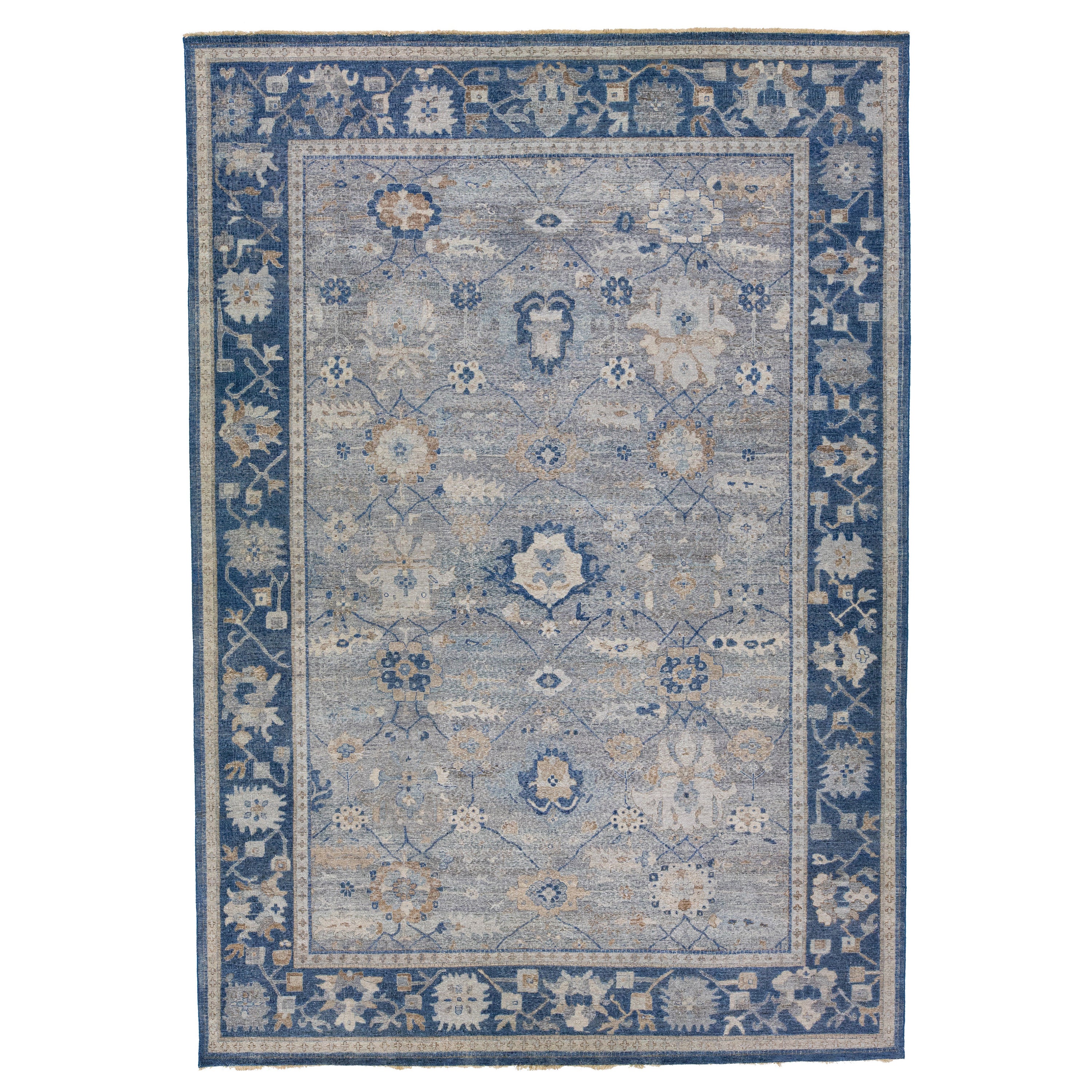 Tapis en laine gris et bleu à motifs floraux faits à la main de la collection artisanale Apadana