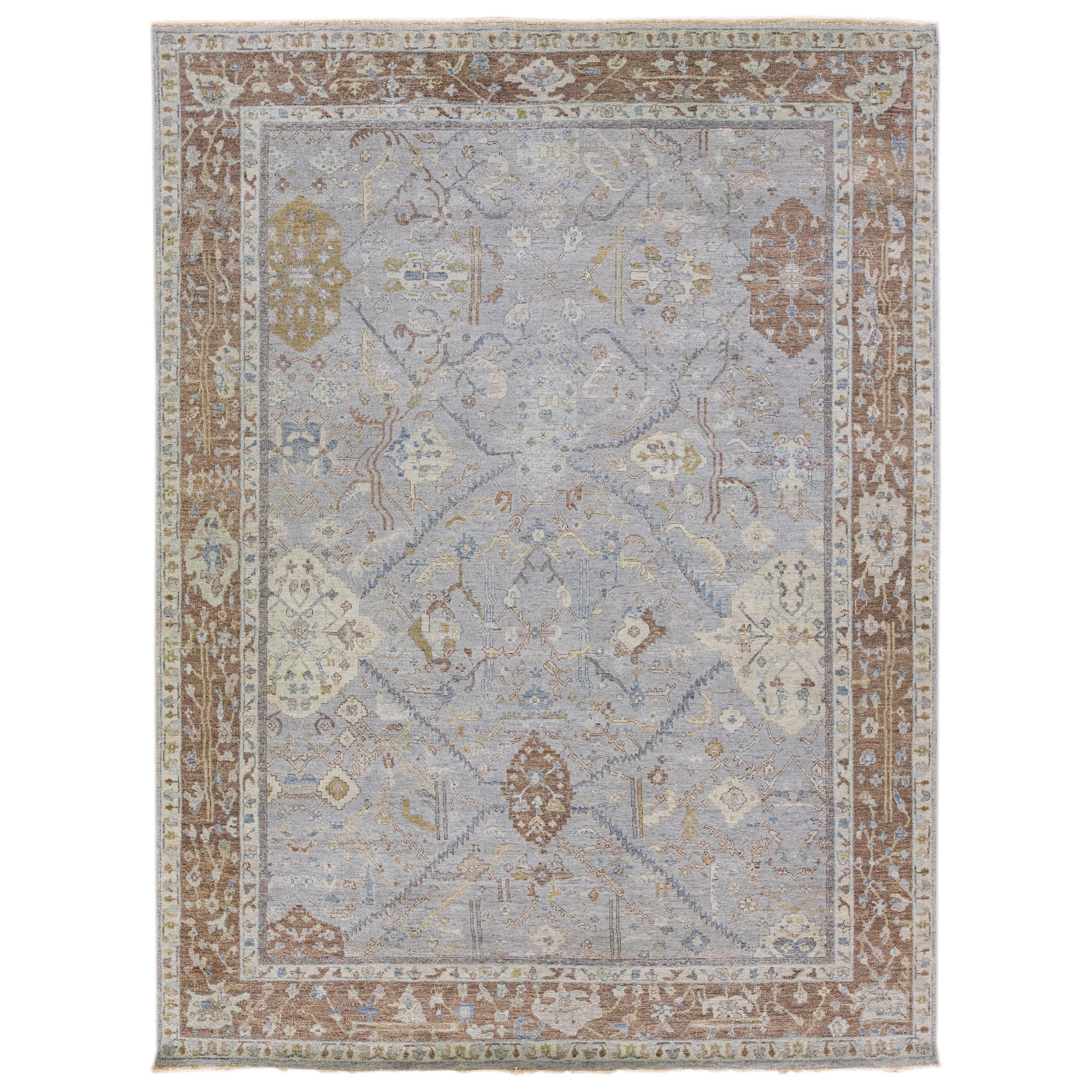 Apadana's Artisan Collection Handgefertigter grauer Wollteppich mit Blumenmuster