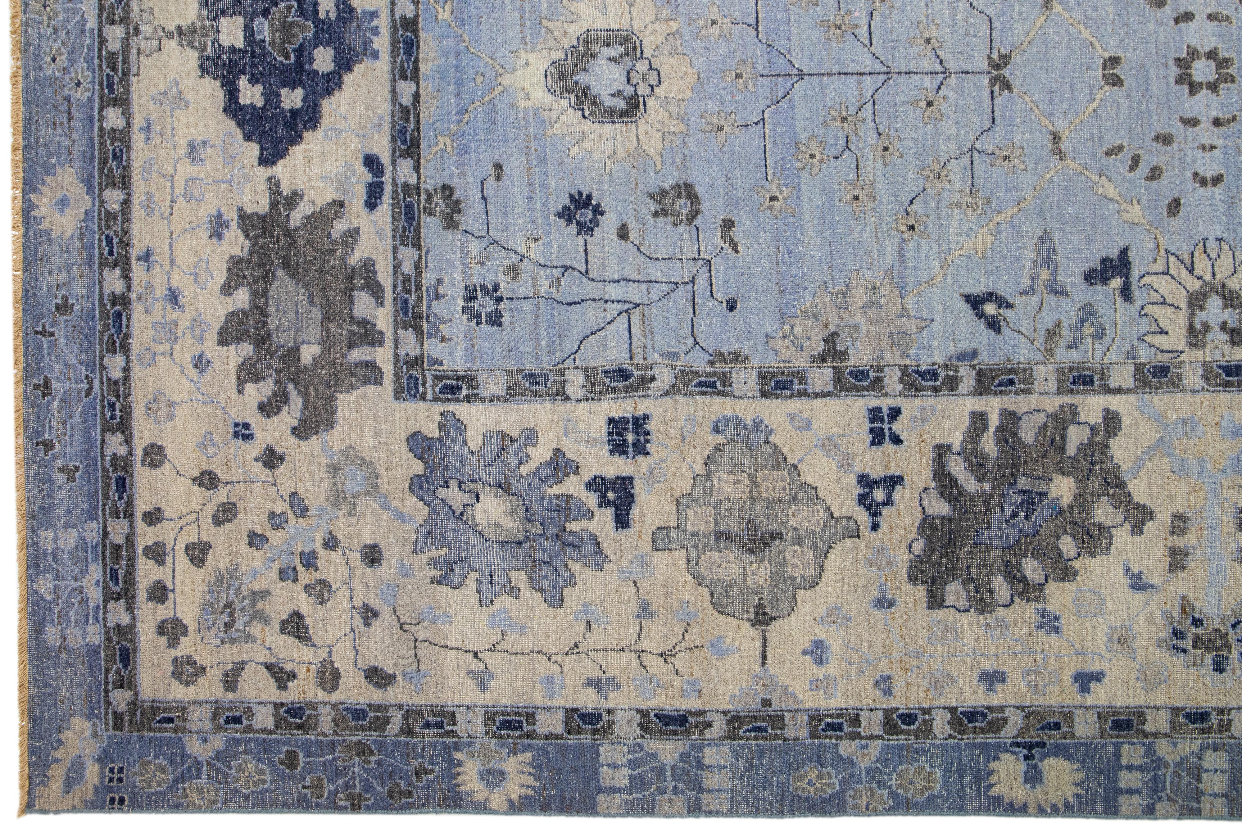 Hand-Knotted Apadana's Artisan Collection Handmade Floral Indian Wool Rug in Light Blue For Sale