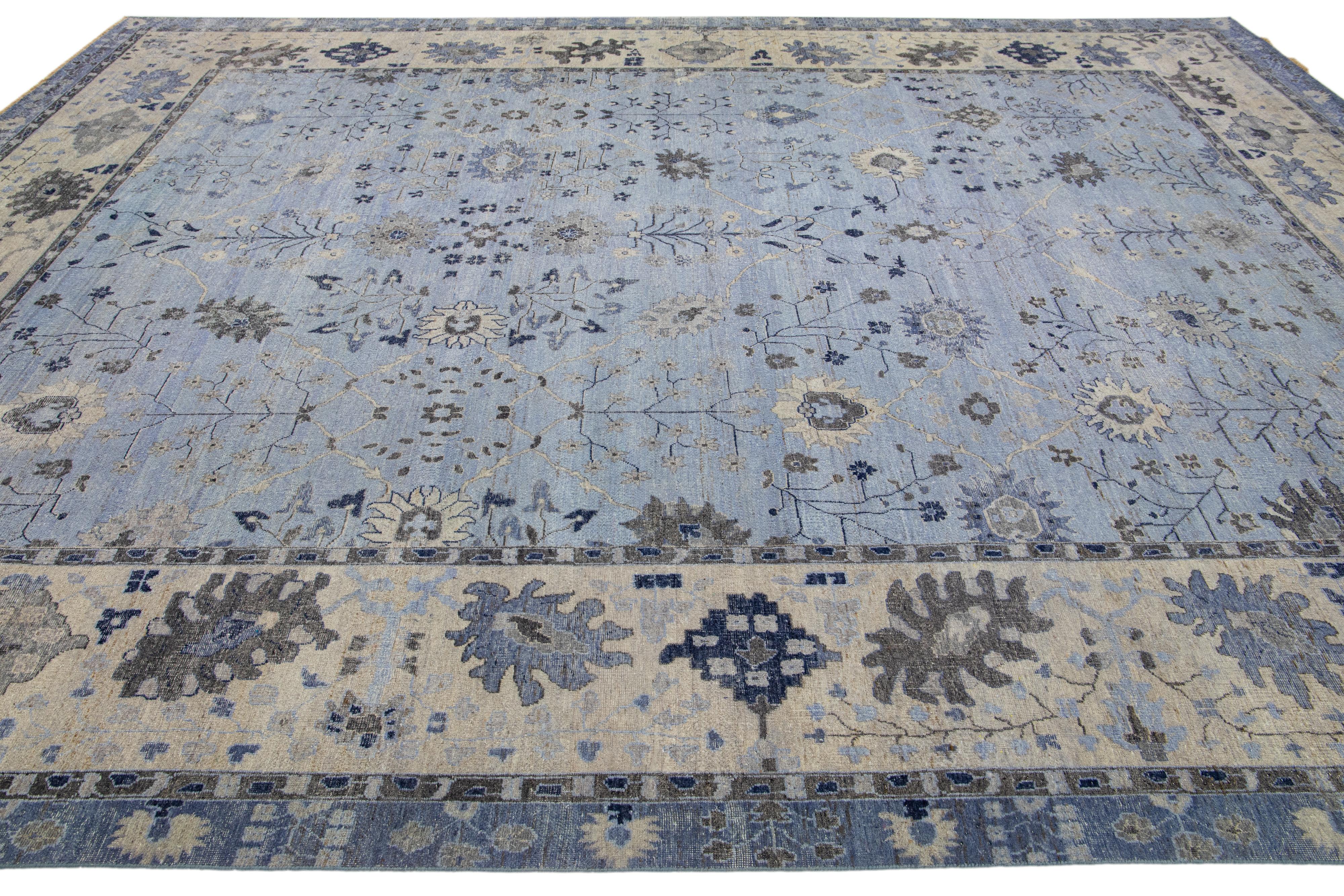 Apadana's Artisan Collection Handmade Floral Indian Wool Rug in Light Blue In New Condition For Sale In Norwalk, CT