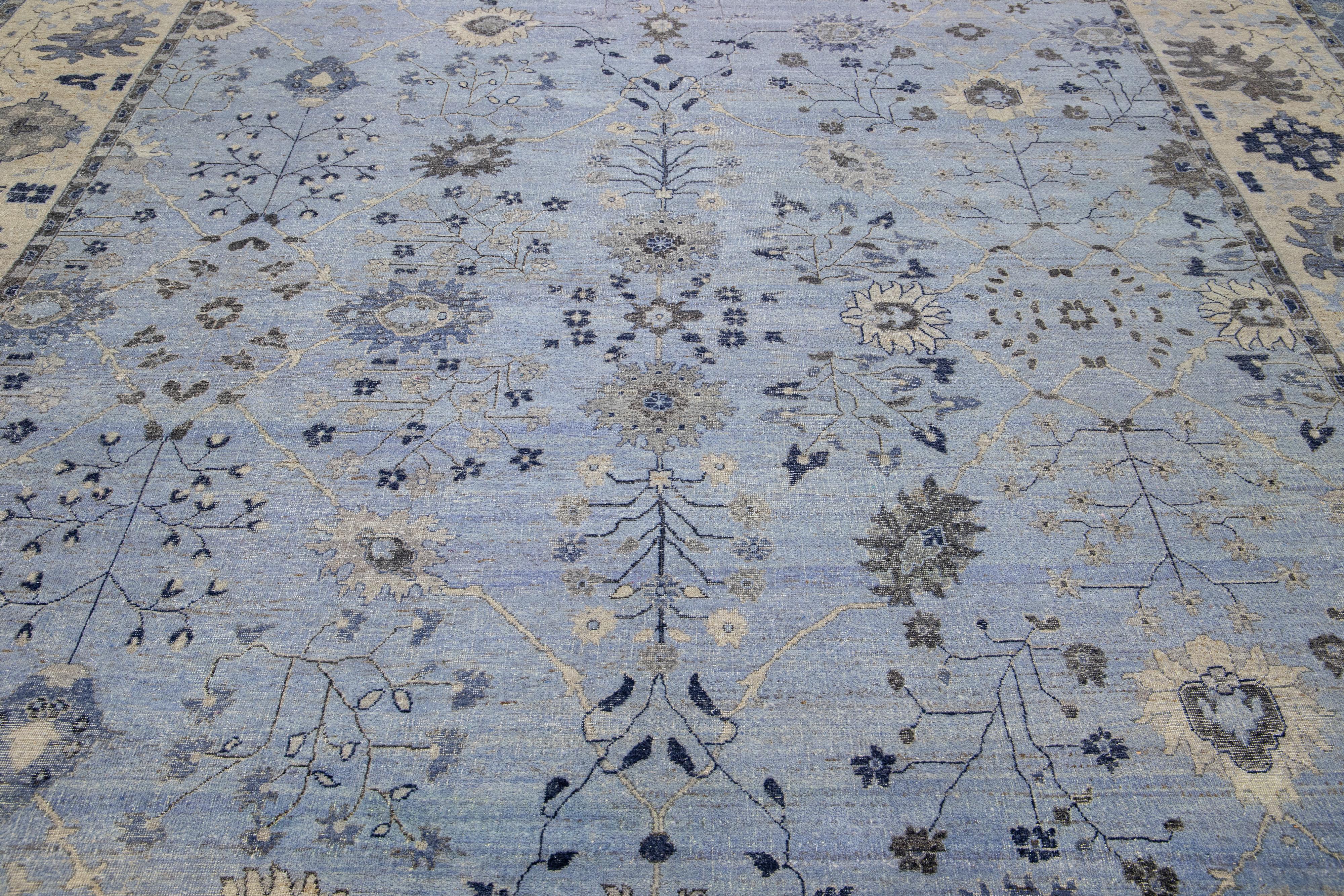 Contemporary Apadana's Artisan Collection Handmade Floral Indian Wool Rug in Light Blue For Sale
