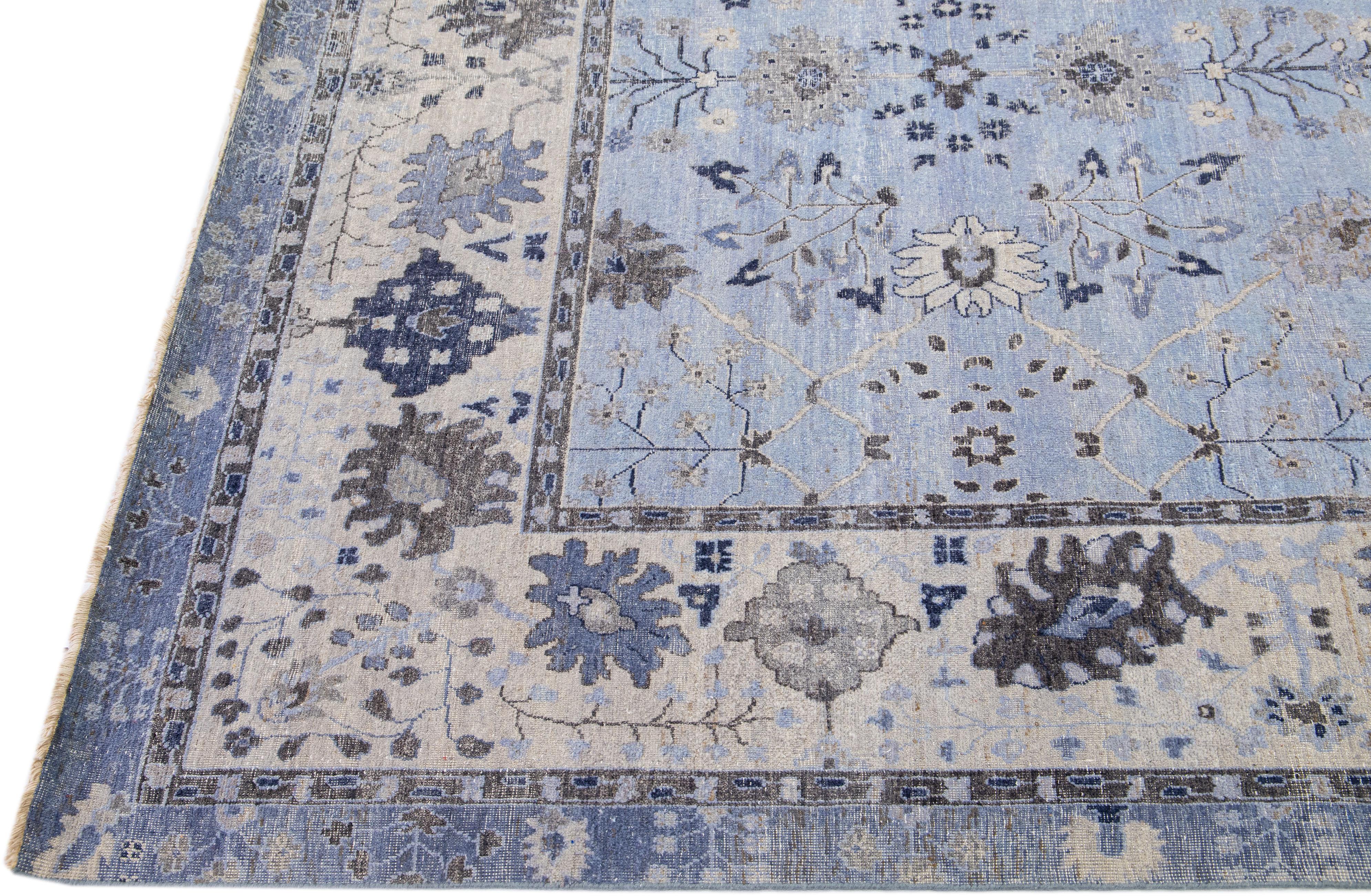 Hand-Knotted Apadana's Artisan Collection Handmade Floral Light Blue Indian Wool Rug For Sale