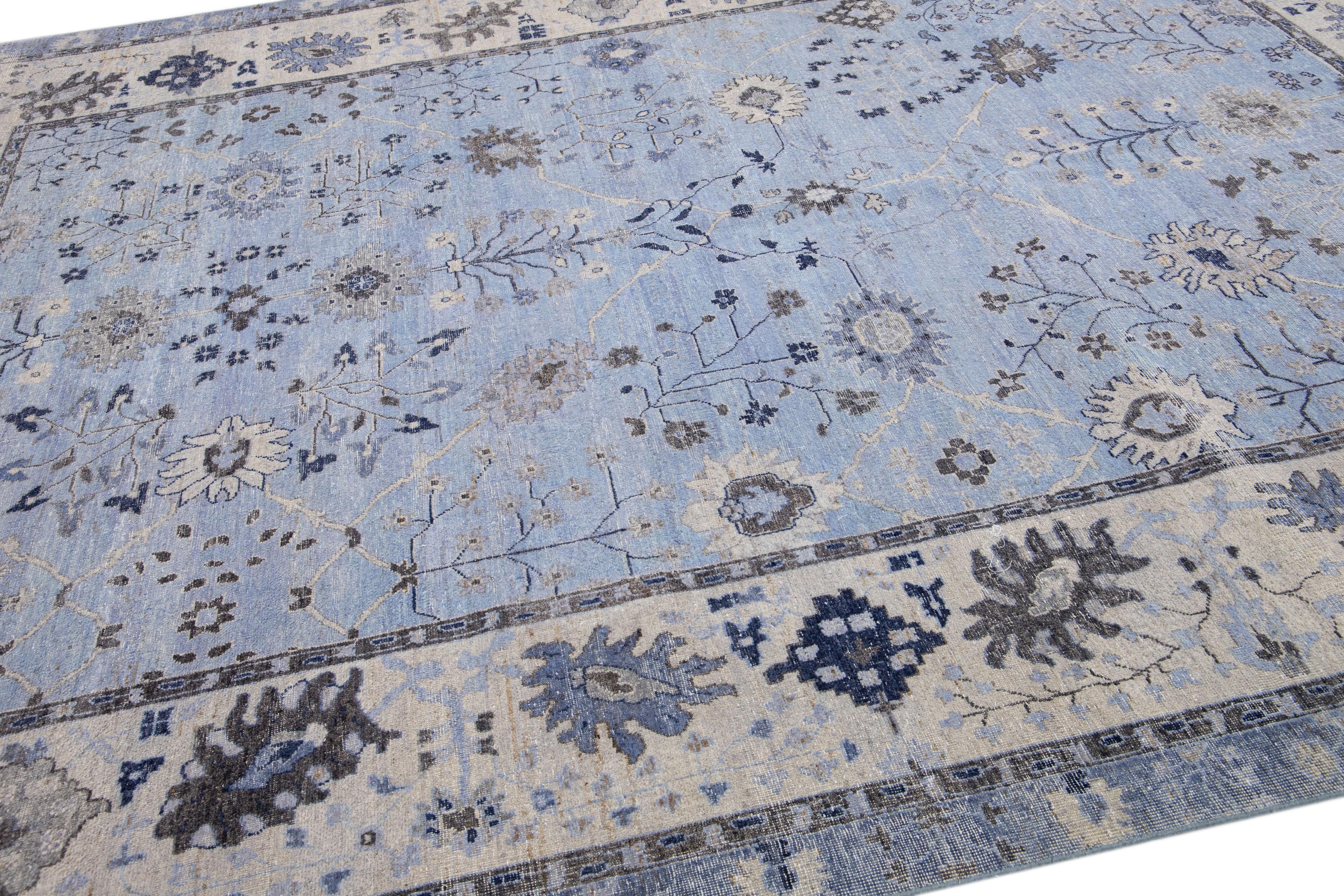 Apadana's Artisan Collection Handmade Floral Light Blue Indian Wool Rug In New Condition For Sale In Norwalk, CT