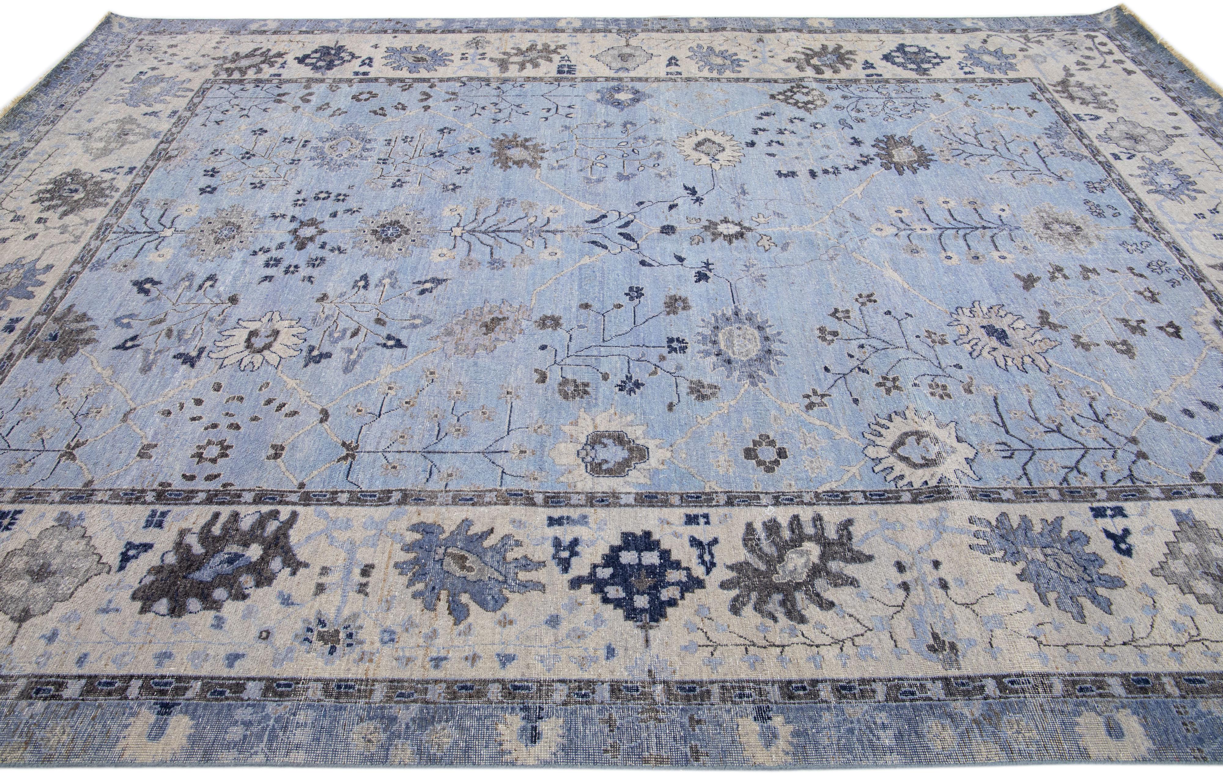 Contemporary Apadana's Artisan Collection Handmade Floral Light Blue Indian Wool Rug For Sale