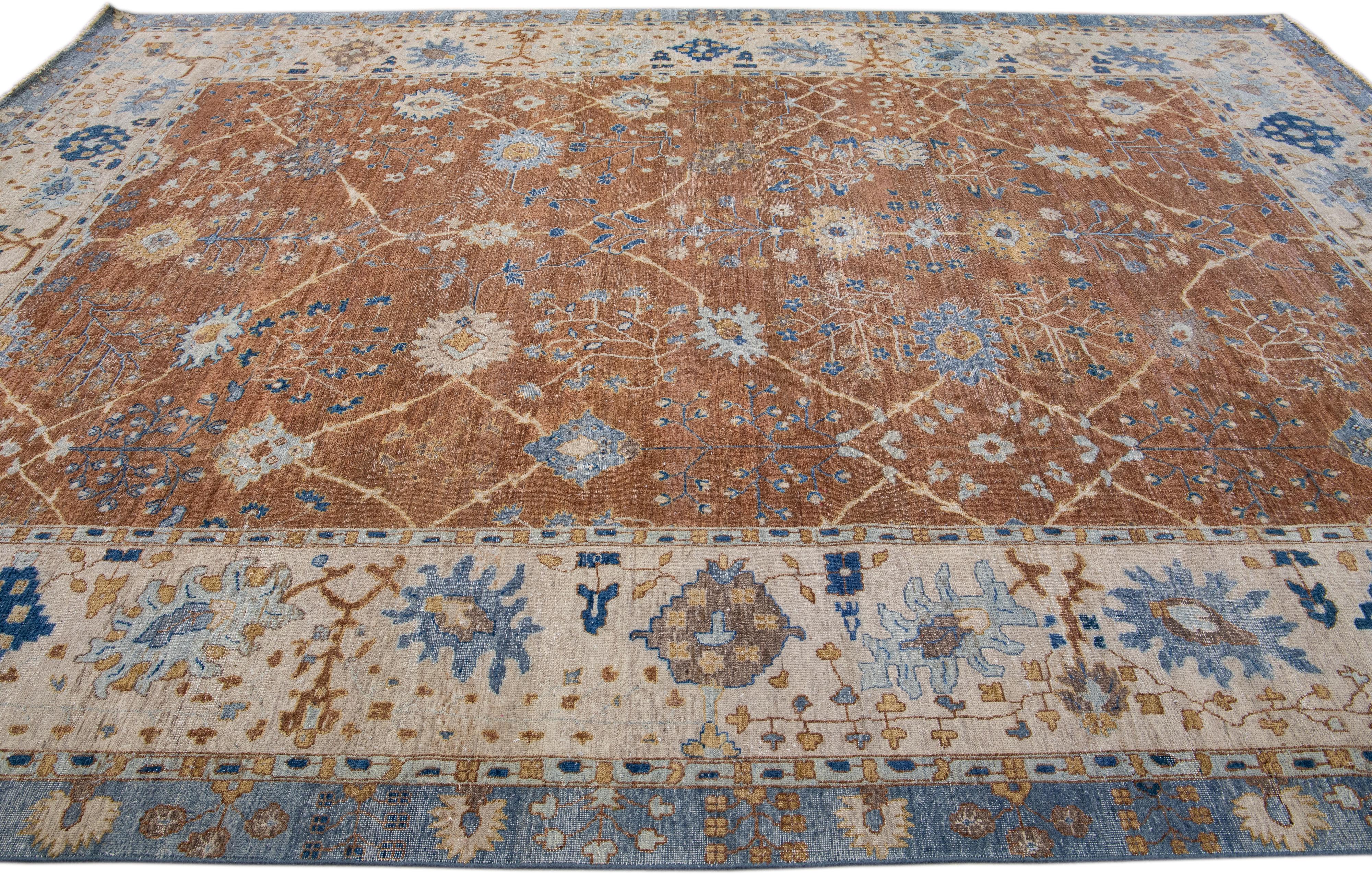 Indian Apadana's Artisan Collection Handmade Floral Pattern Brown Wool Rug For Sale