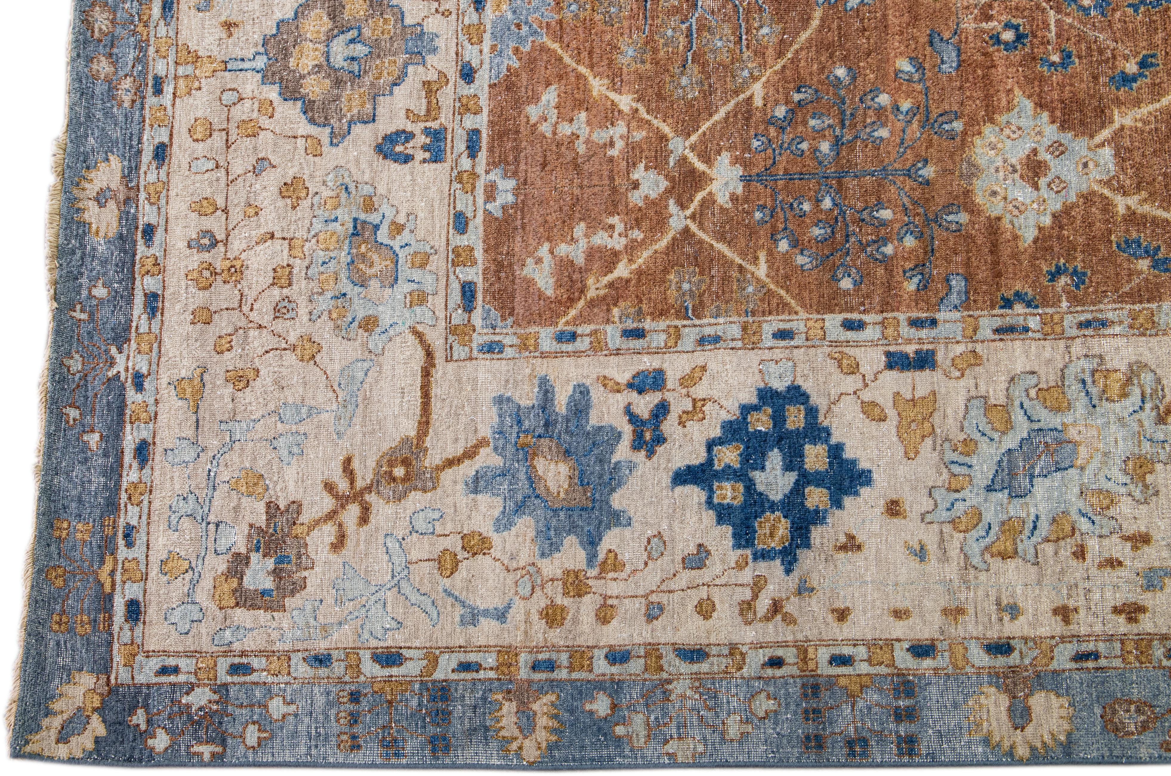 Hand-Knotted Apadana's Artisan Collection Handmade Floral Pattern Brown Wool Rug For Sale