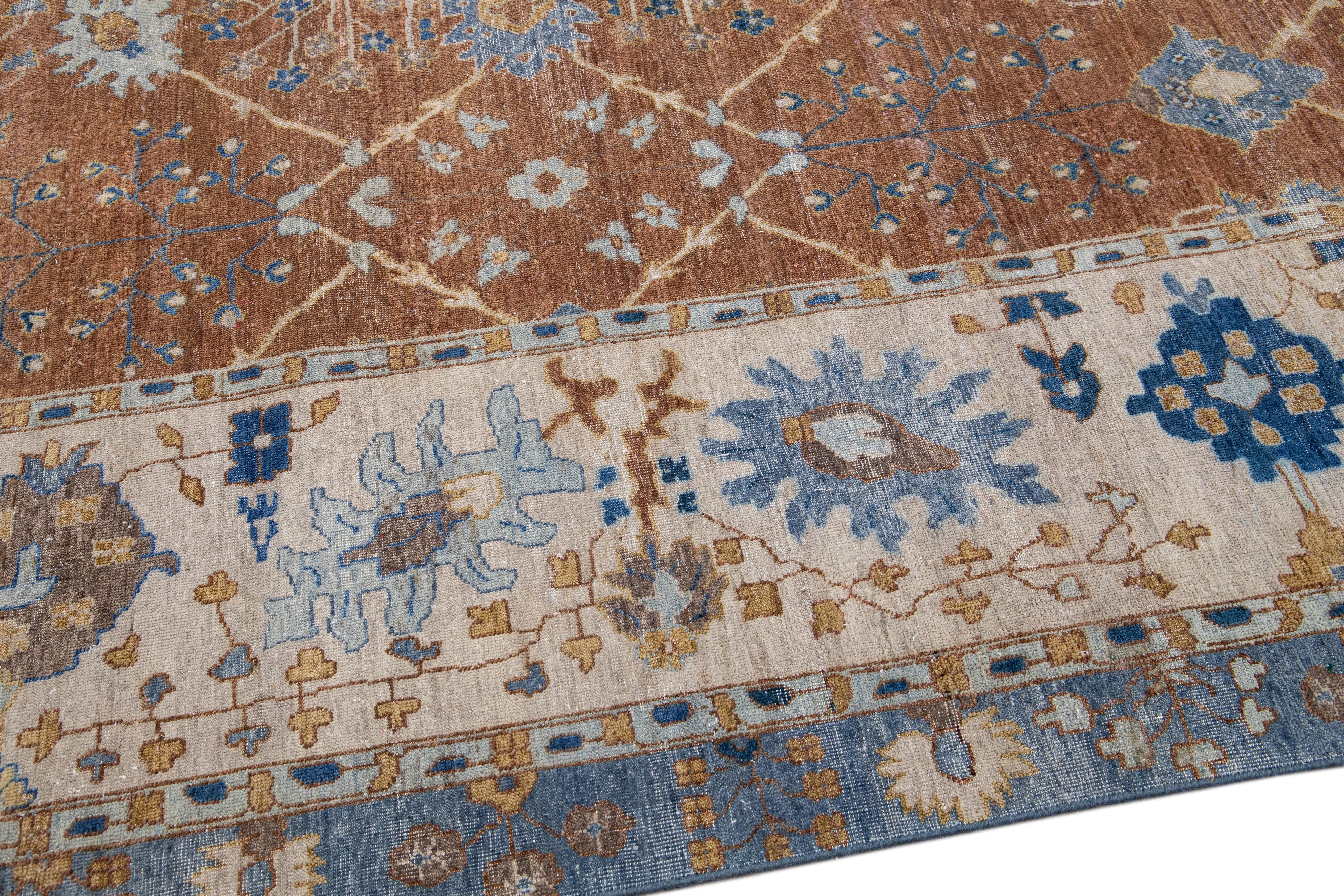 Apadana's Artisan Collection Handmade Floral Pattern Brown Wool Rug In New Condition For Sale In Norwalk, CT