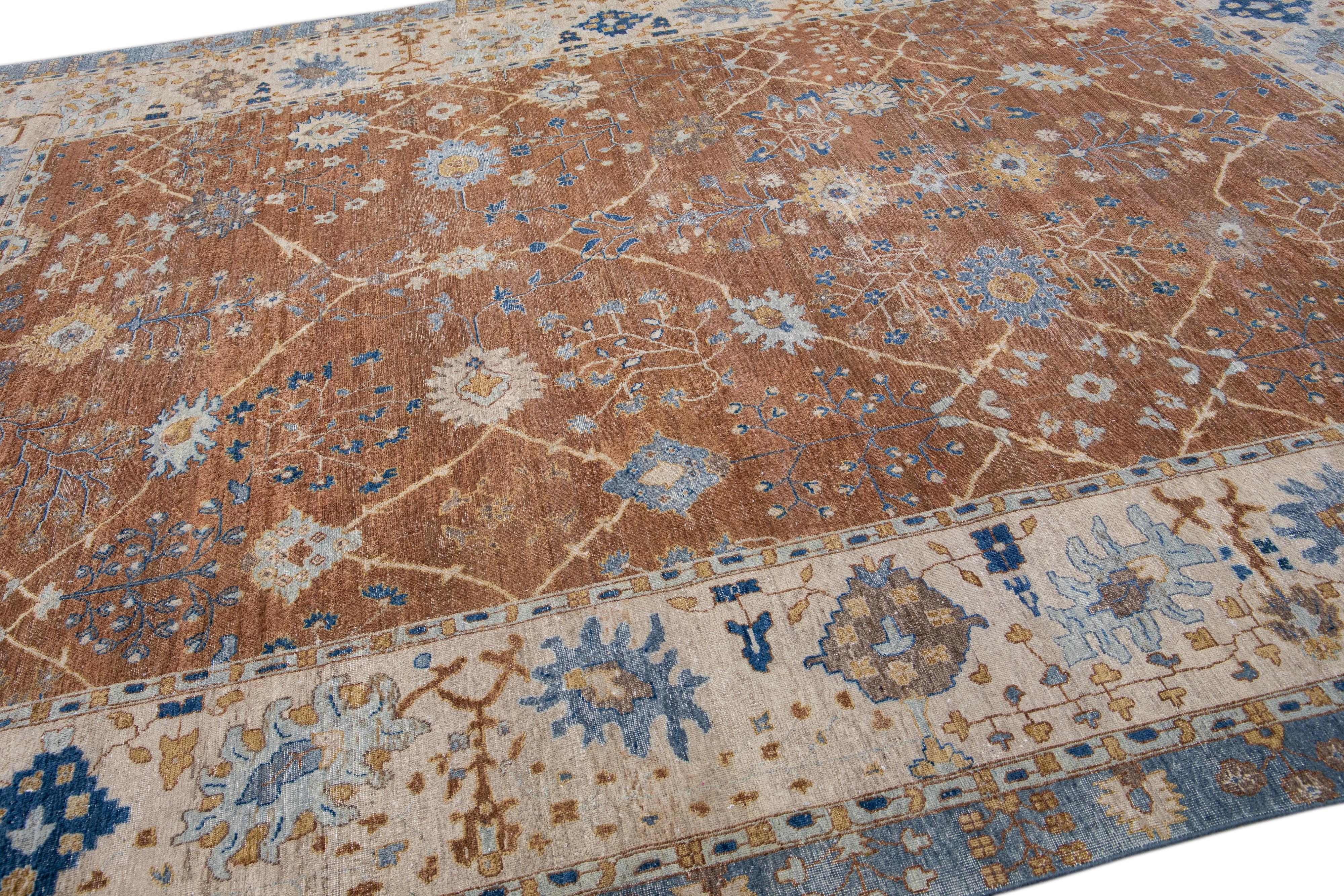 Contemporary Apadana's Artisan Collection Handmade Floral Pattern Brown Wool Rug For Sale