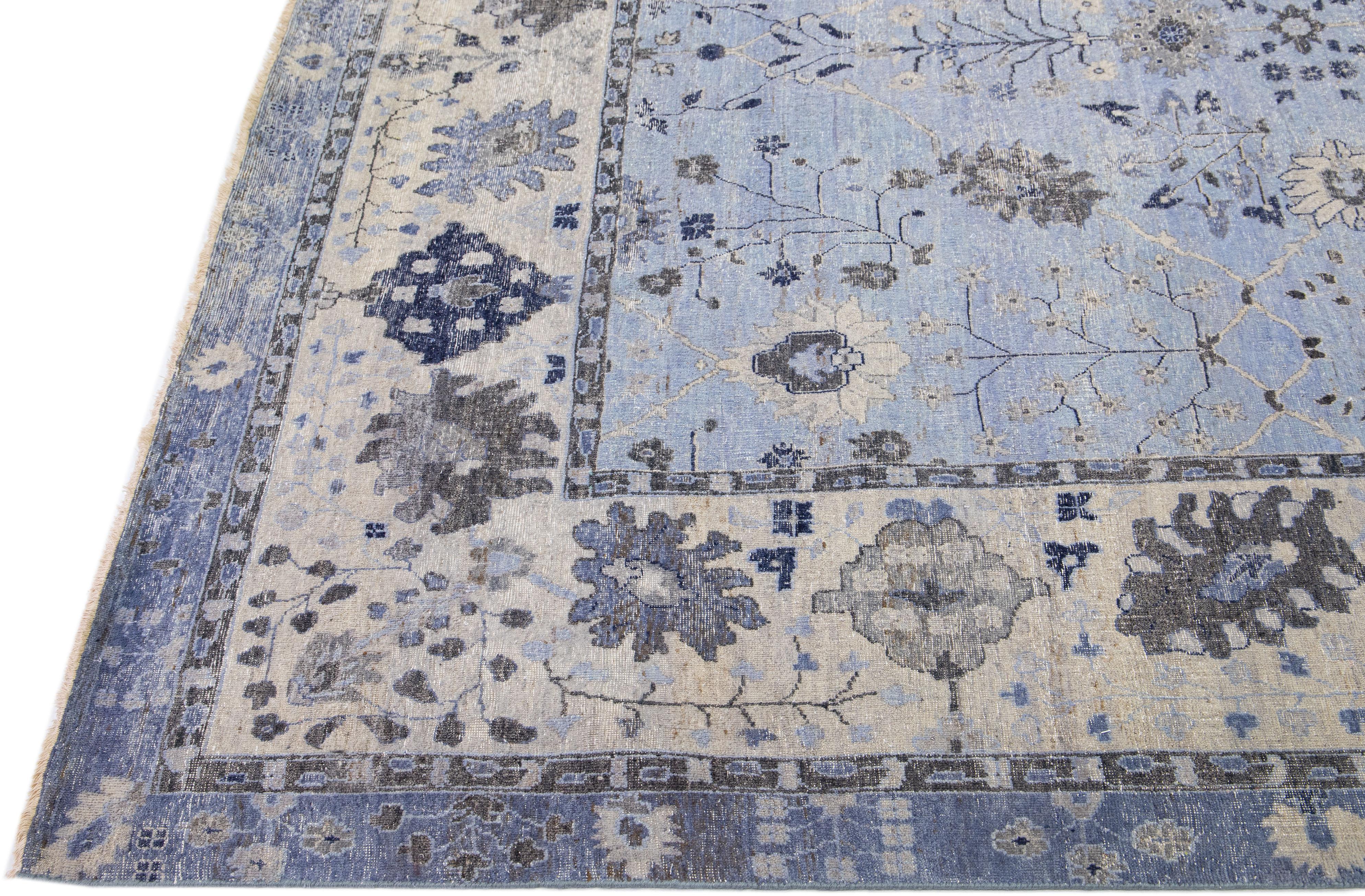 Hand-Knotted Apadana's Artisan Collection Light Blue Handmade Floral Indian Wool Rug For Sale