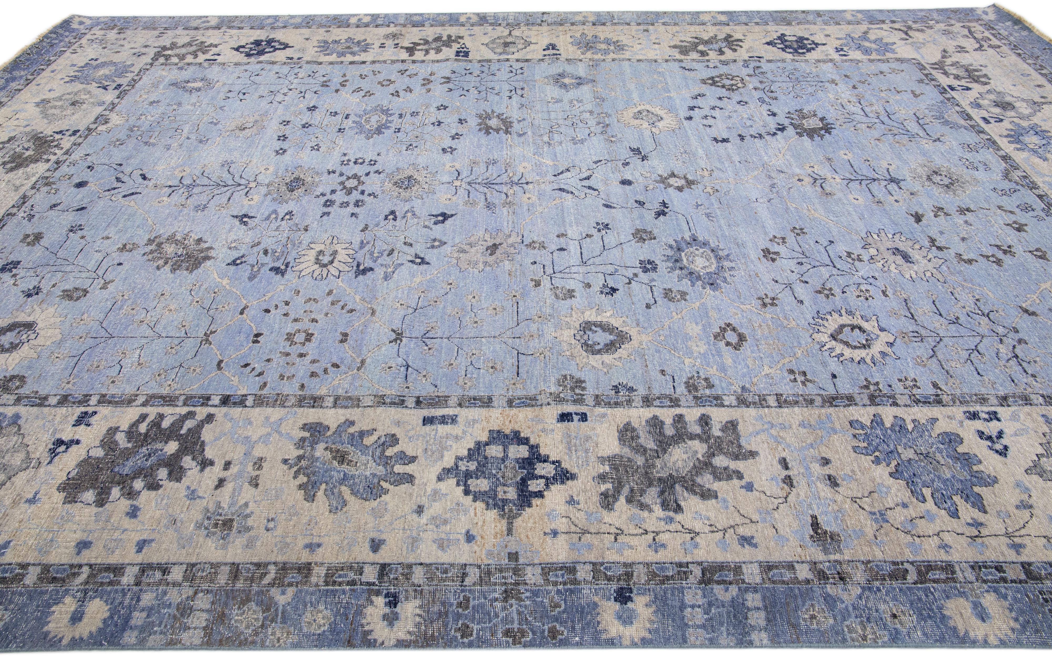 Apadana's Artisan Collection Light Blue Handmade Floral Indian Wool Rug In New Condition For Sale In Norwalk, CT