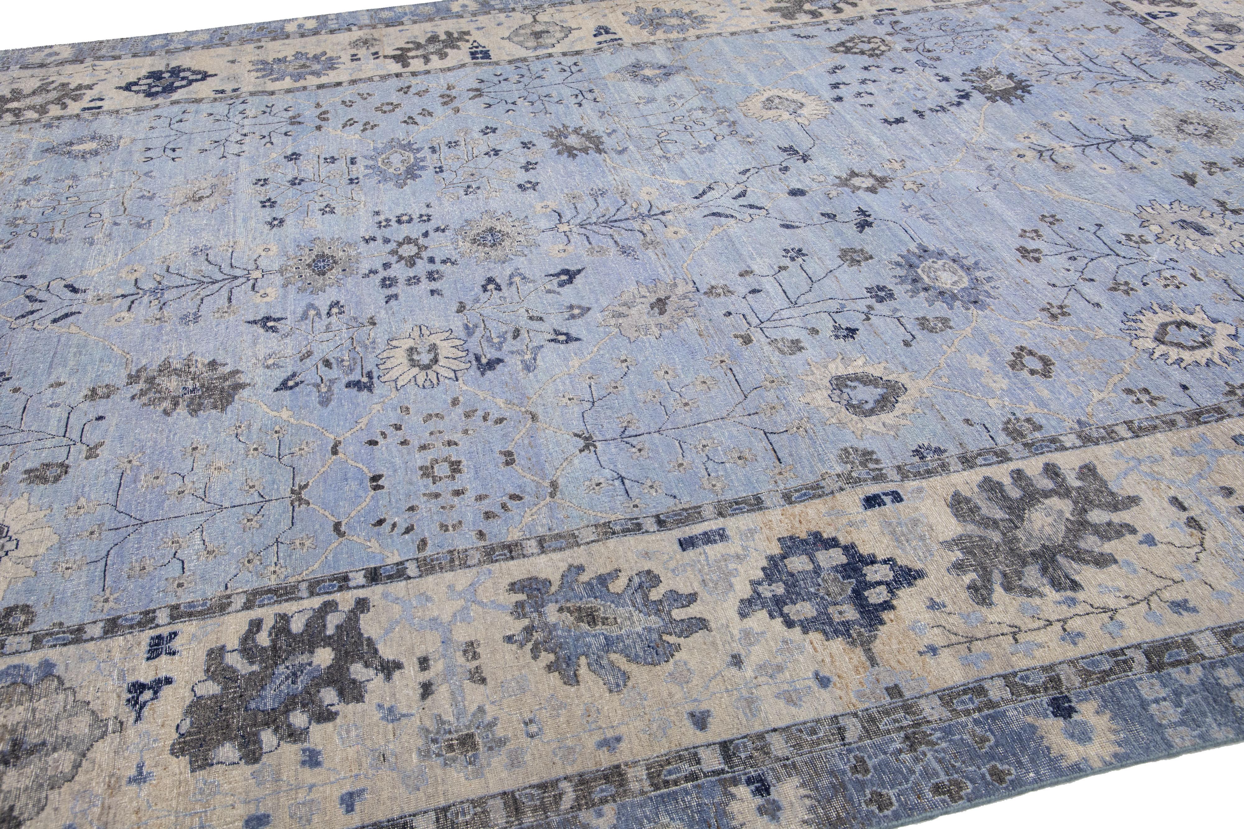 Contemporary Apadana's Artisan Collection Light Blue Handmade Floral Indian Wool Rug For Sale