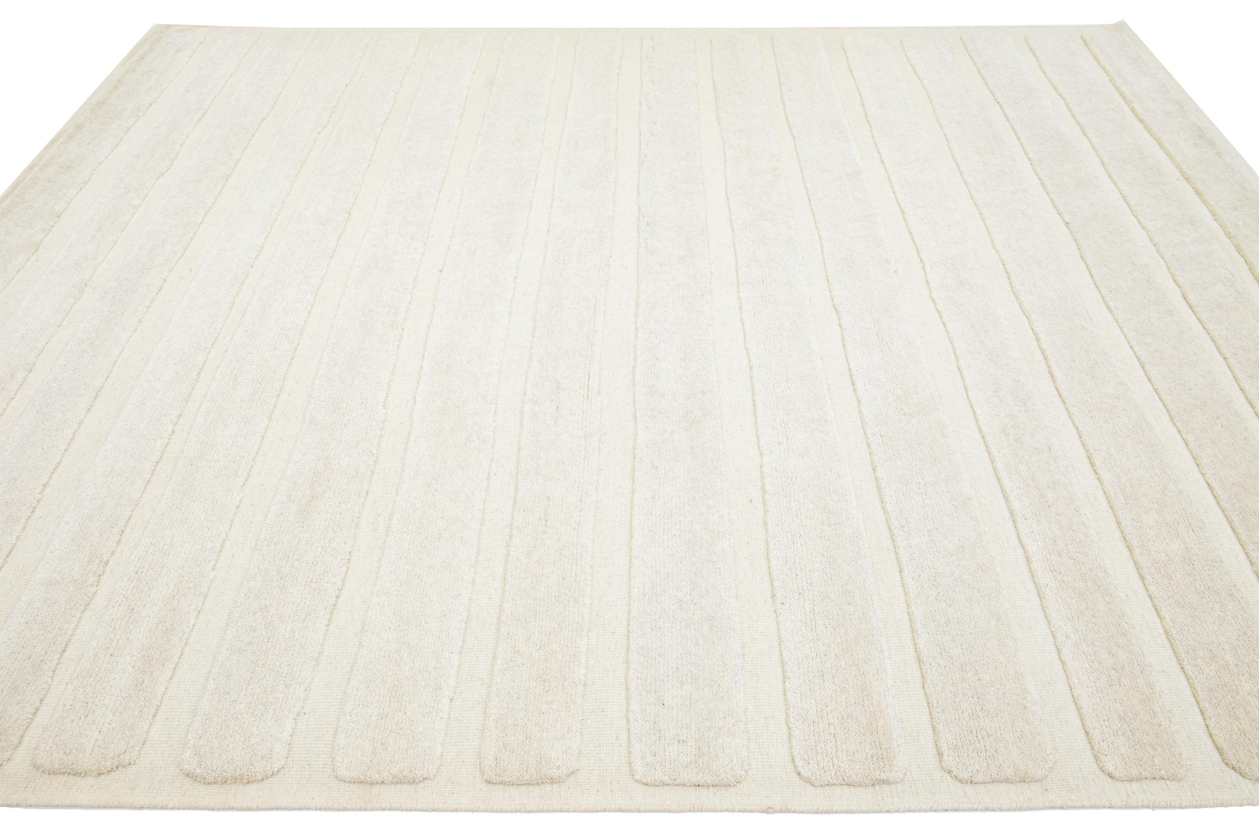 Hand-Knotted Apadana's Contemporary Ivory Wool Rug With a Striped Moroccan Style For Sale