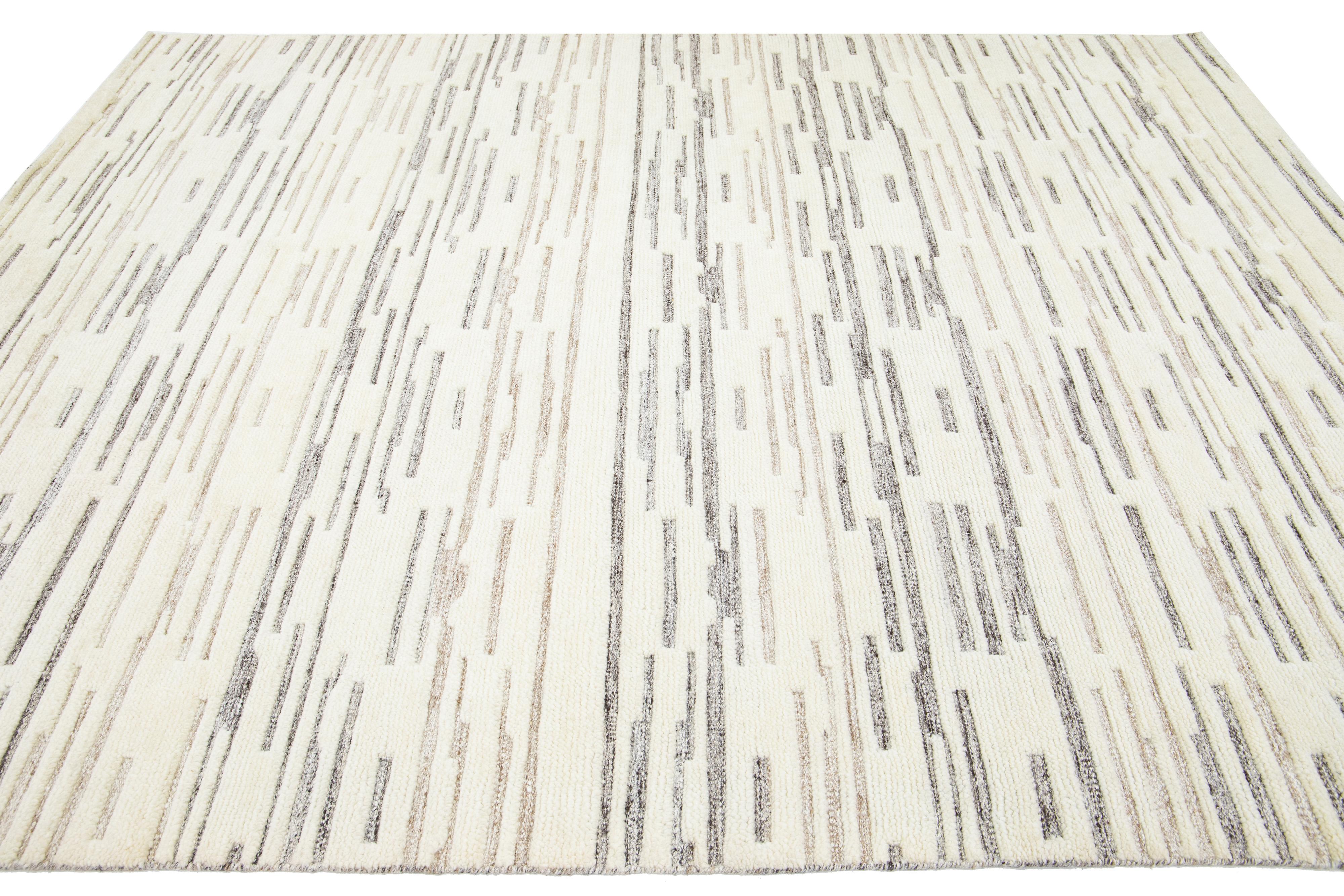 Hand-Knotted Apadana's Contemporary Moroccan-Style Ivory Wool Rug With a Striped Pattern  For Sale
