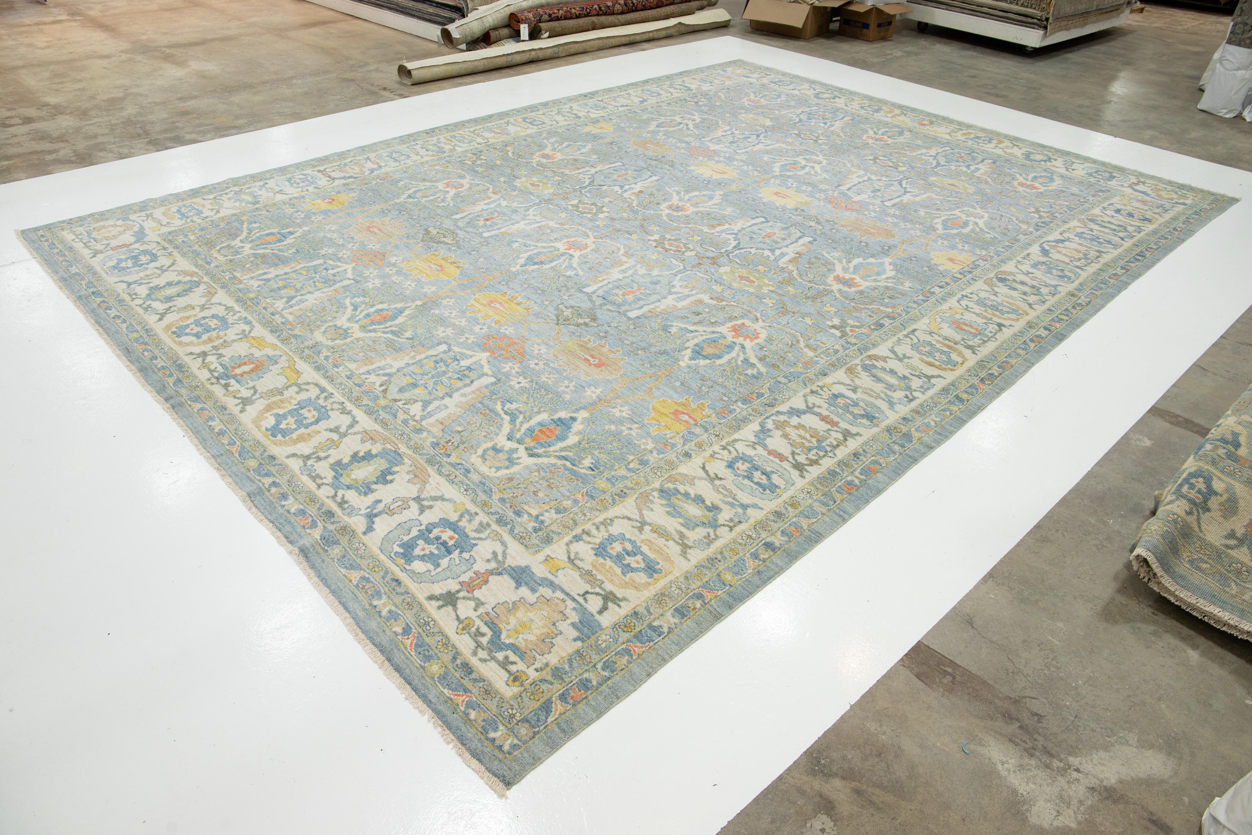 Pakistani Apadana's Contemporary Sultanabad Wool Rug In Blue With Floral Pattern For Sale