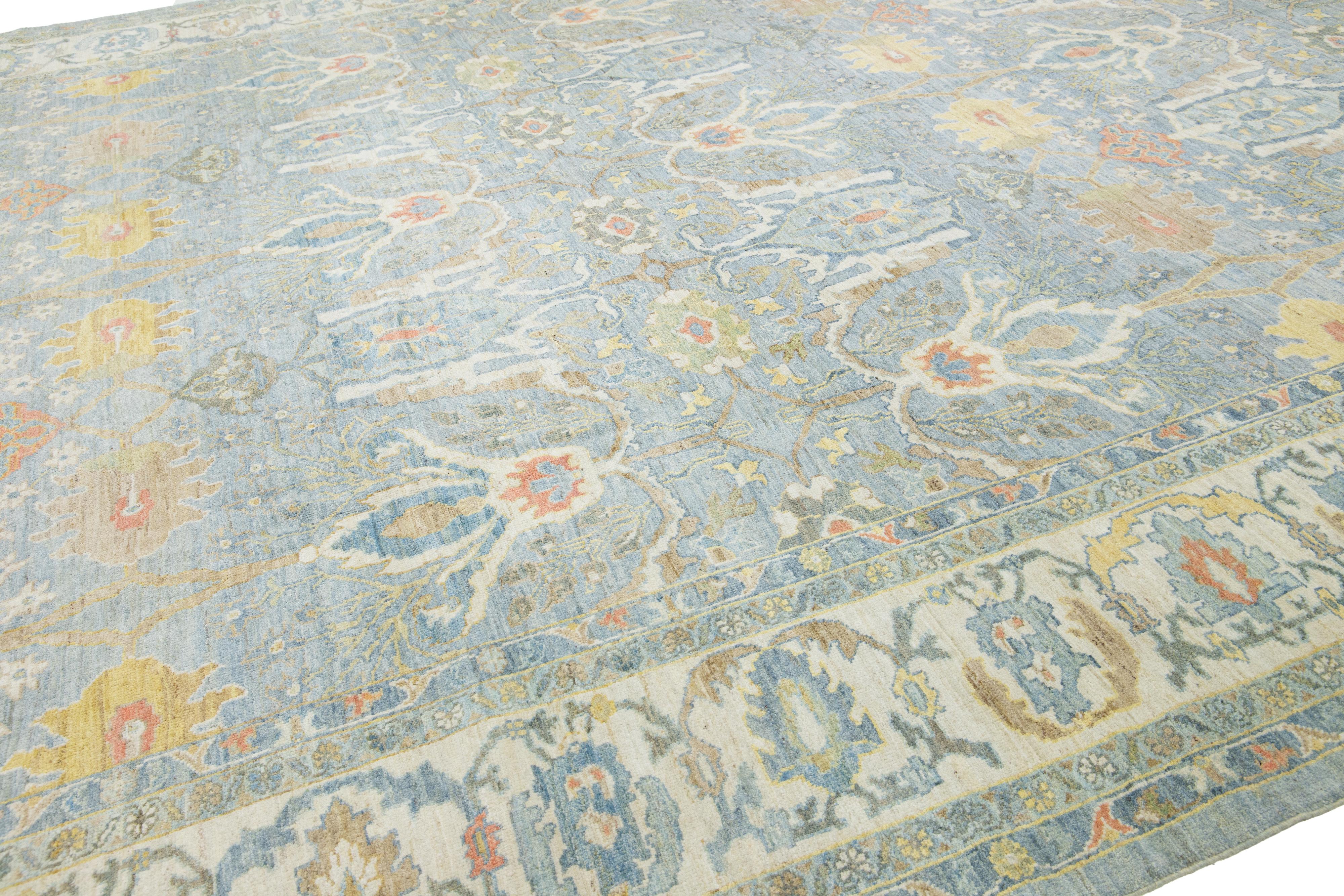 Hand-Knotted Apadana's Contemporary Sultanabad Wool Rug In Blue With Floral Pattern For Sale