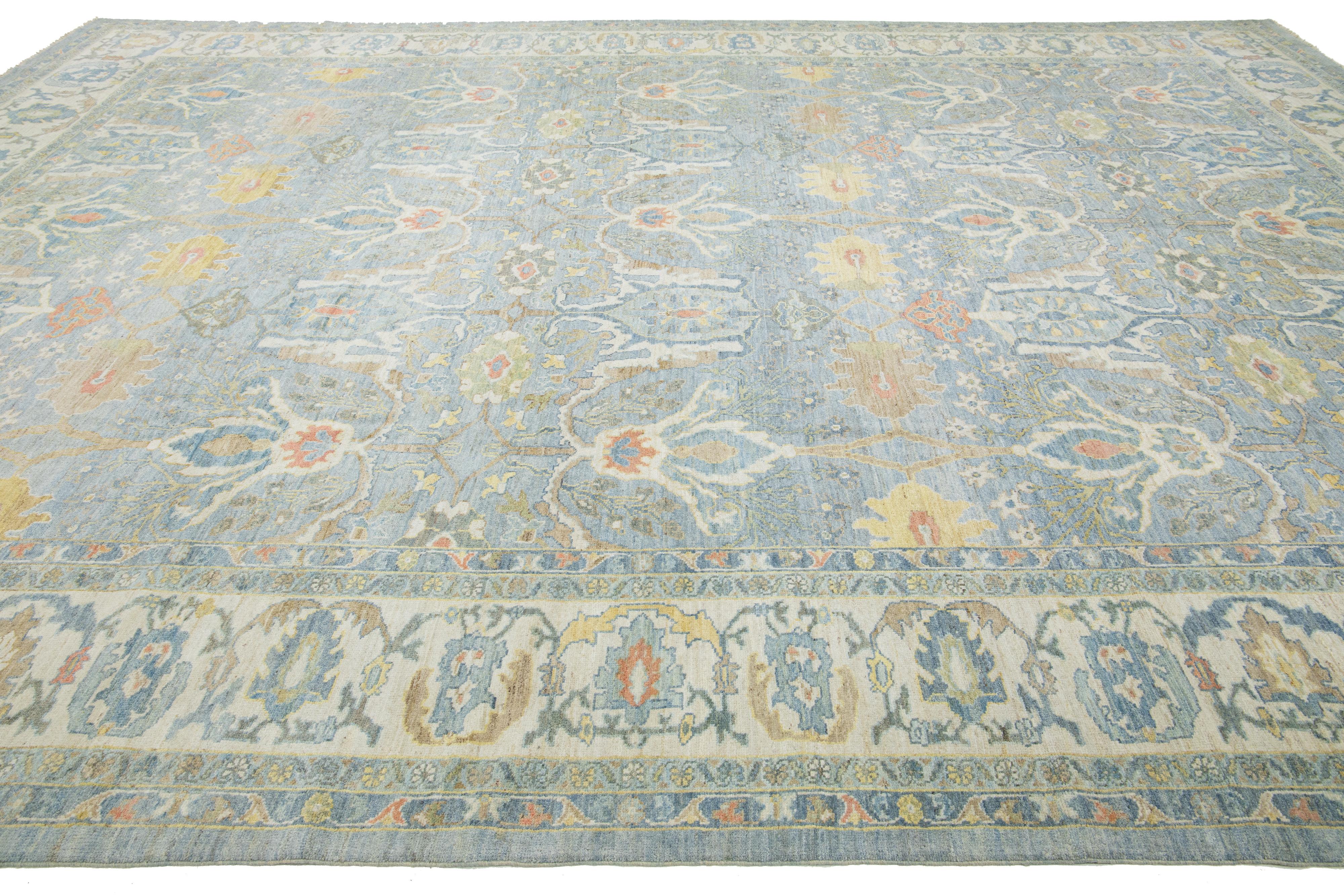 Apadana's Contemporary Sultanabad Wool Rug In Blue With Floral Pattern For Sale 2
