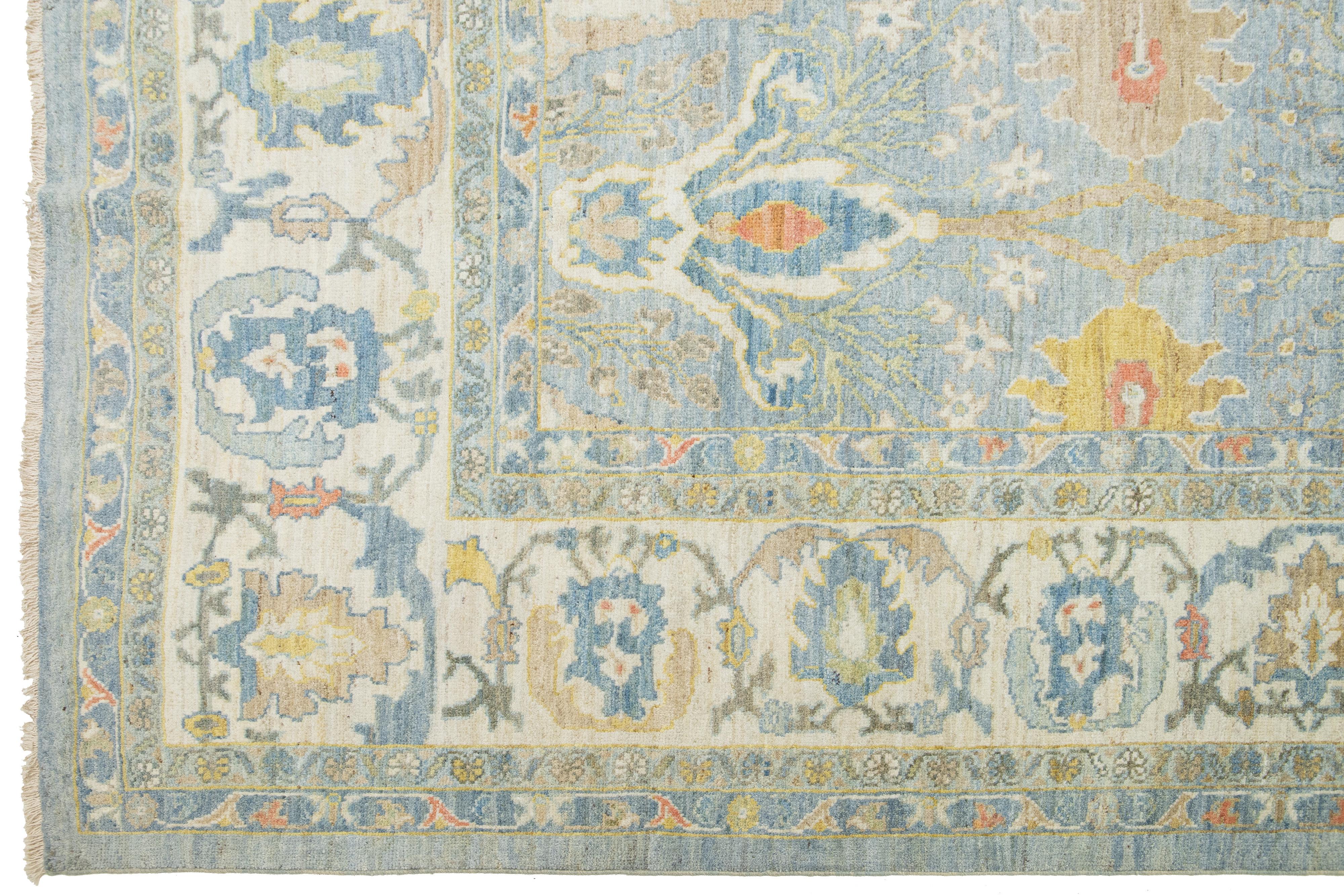 Apadana's Contemporary Sultanabad Wool Rug In Blue With Floral Pattern For Sale 3