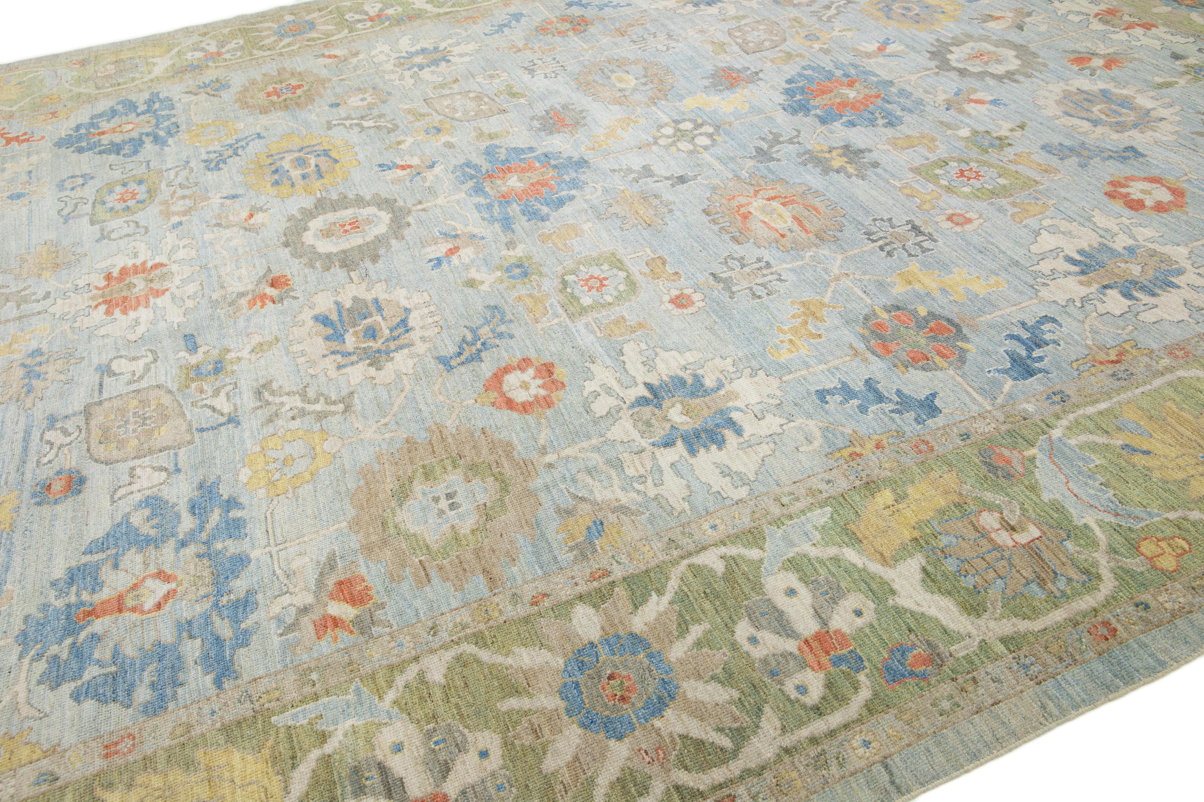 Apadana's Designed Sultanabad Moderner Wollteppich Handgefertigt in Blau und Grün im Angebot 3