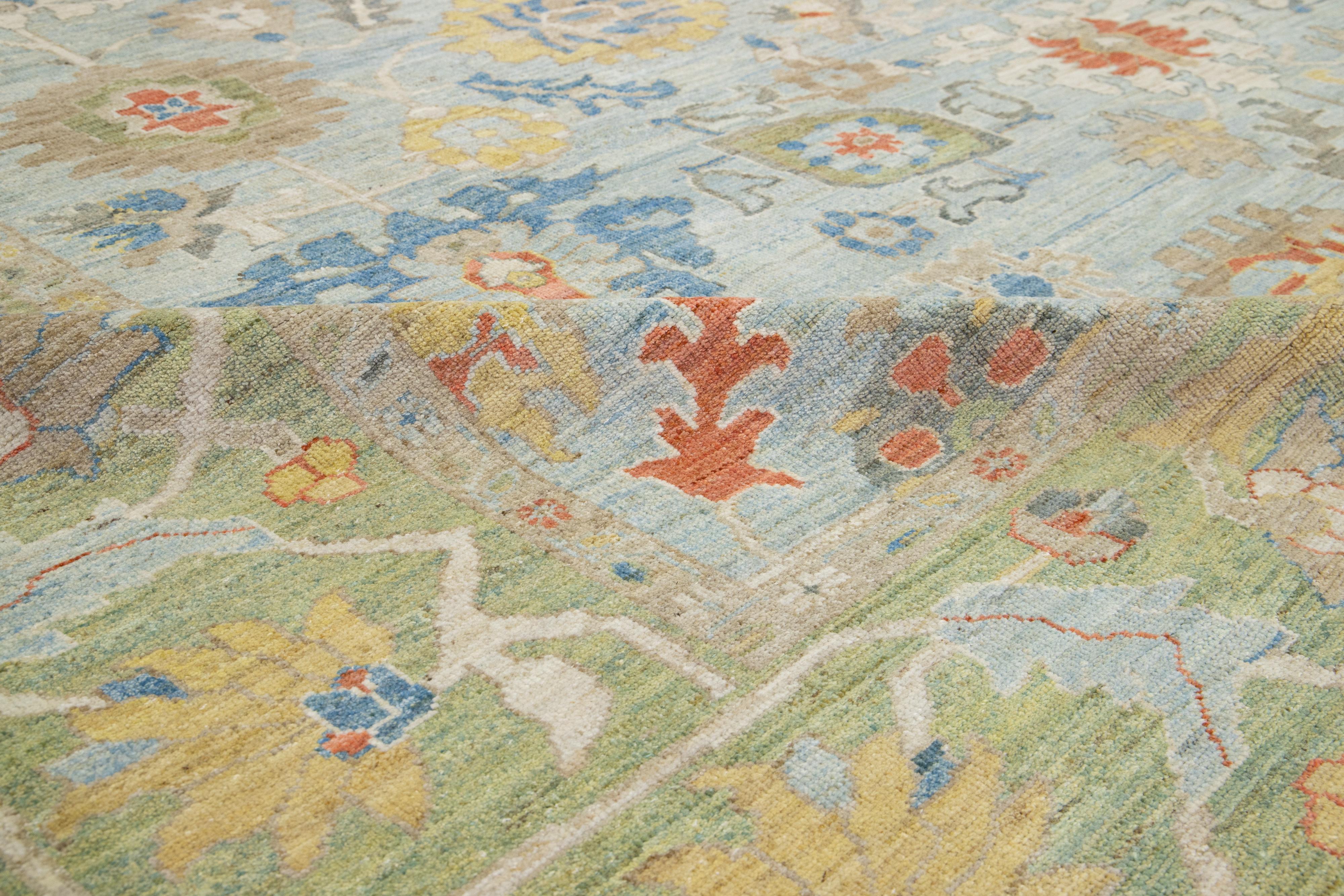 Apadana's Designed Sultanabad Moderner Wollteppich Handgefertigt in Blau und Grün im Angebot 2