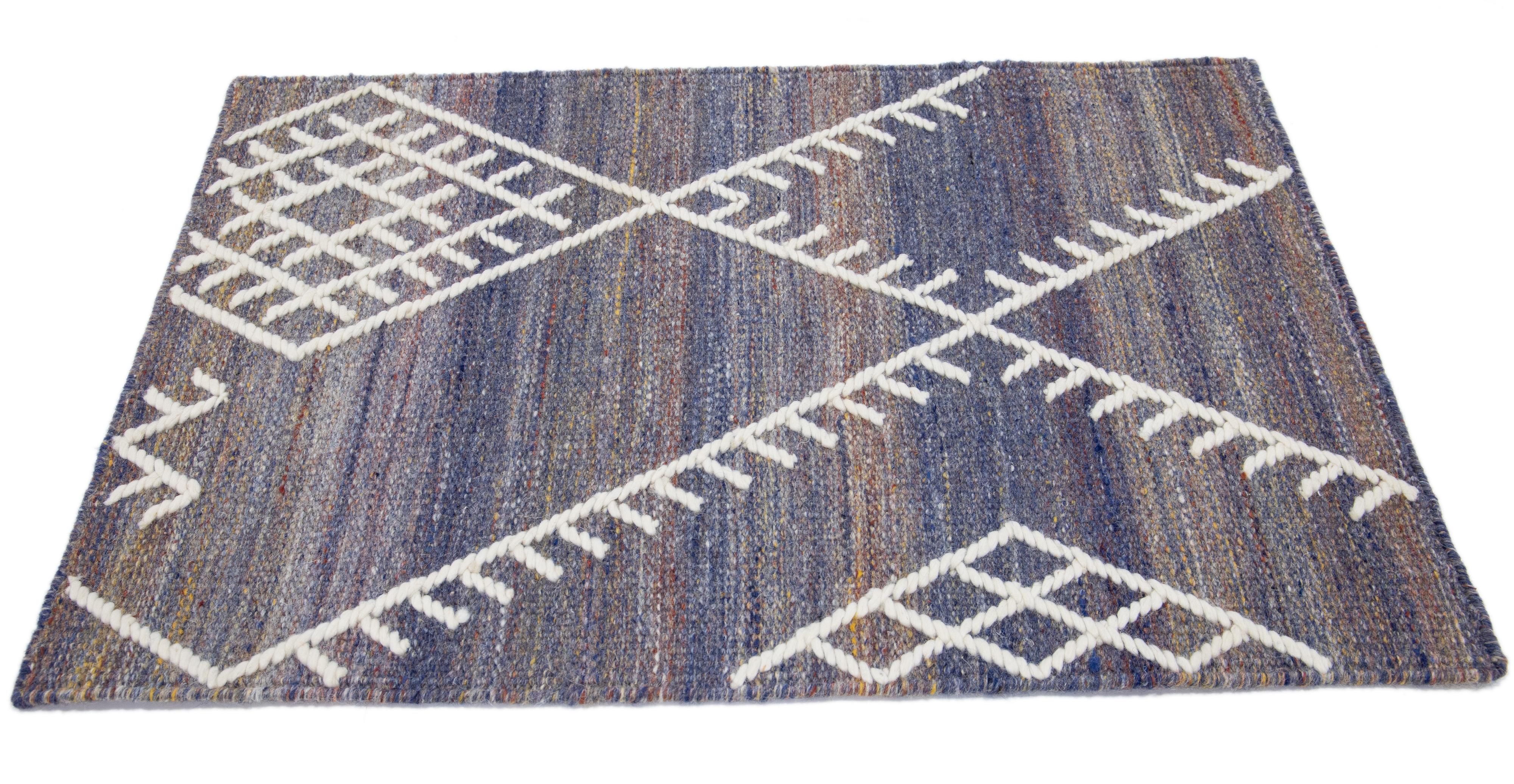 Apadana's Nantucket Collection wool custom rug. Custom sizes and colors made-to-order. 

Material: Wool 
Techniques: Flatweave
Style: Geometric-Coastal
Lead time: Approx. 15-16 wks available 
Colors: As shown, other custom colors are