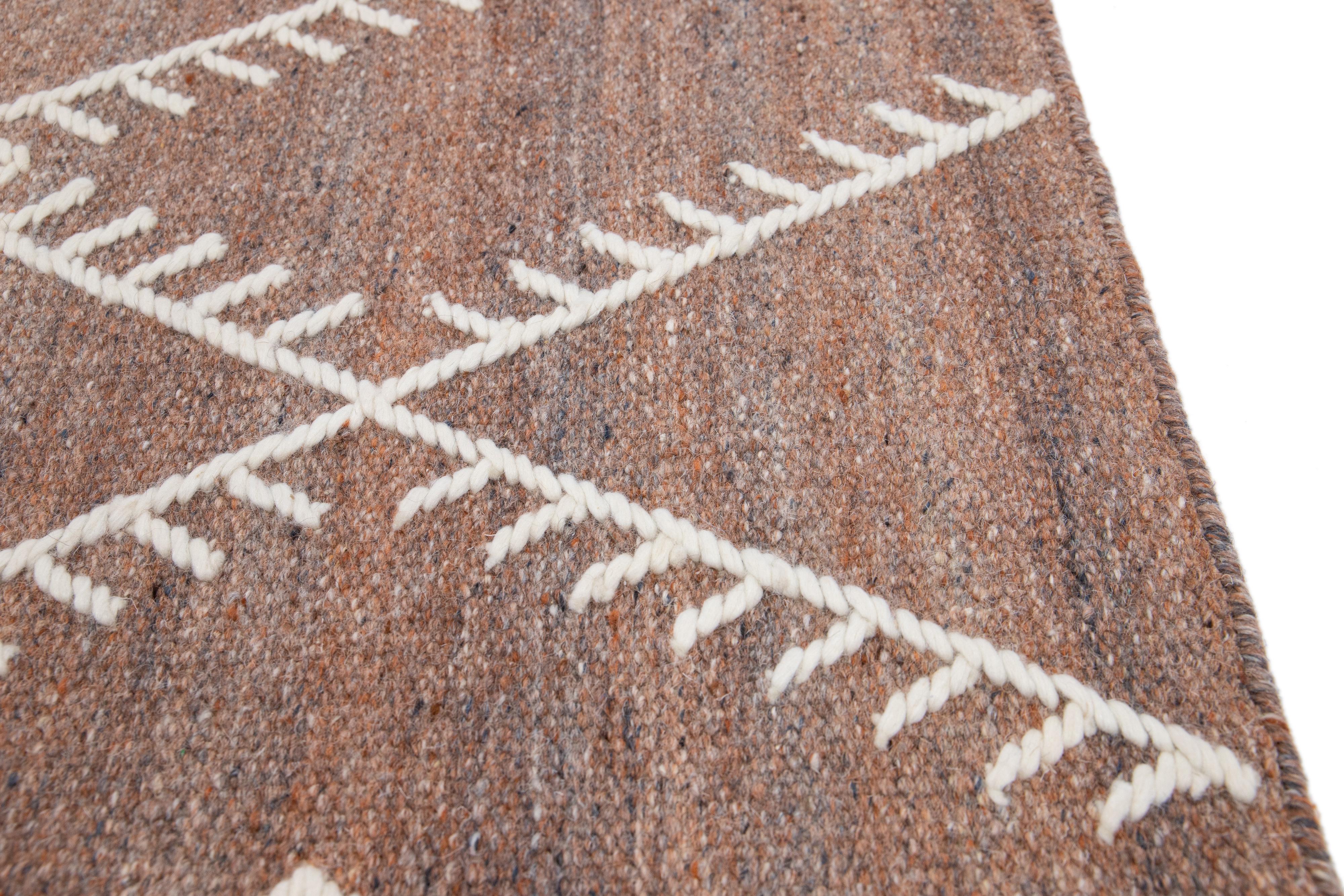 Indian Apadana's Flatweave Kilim Custom Brown Wool Rug For Sale