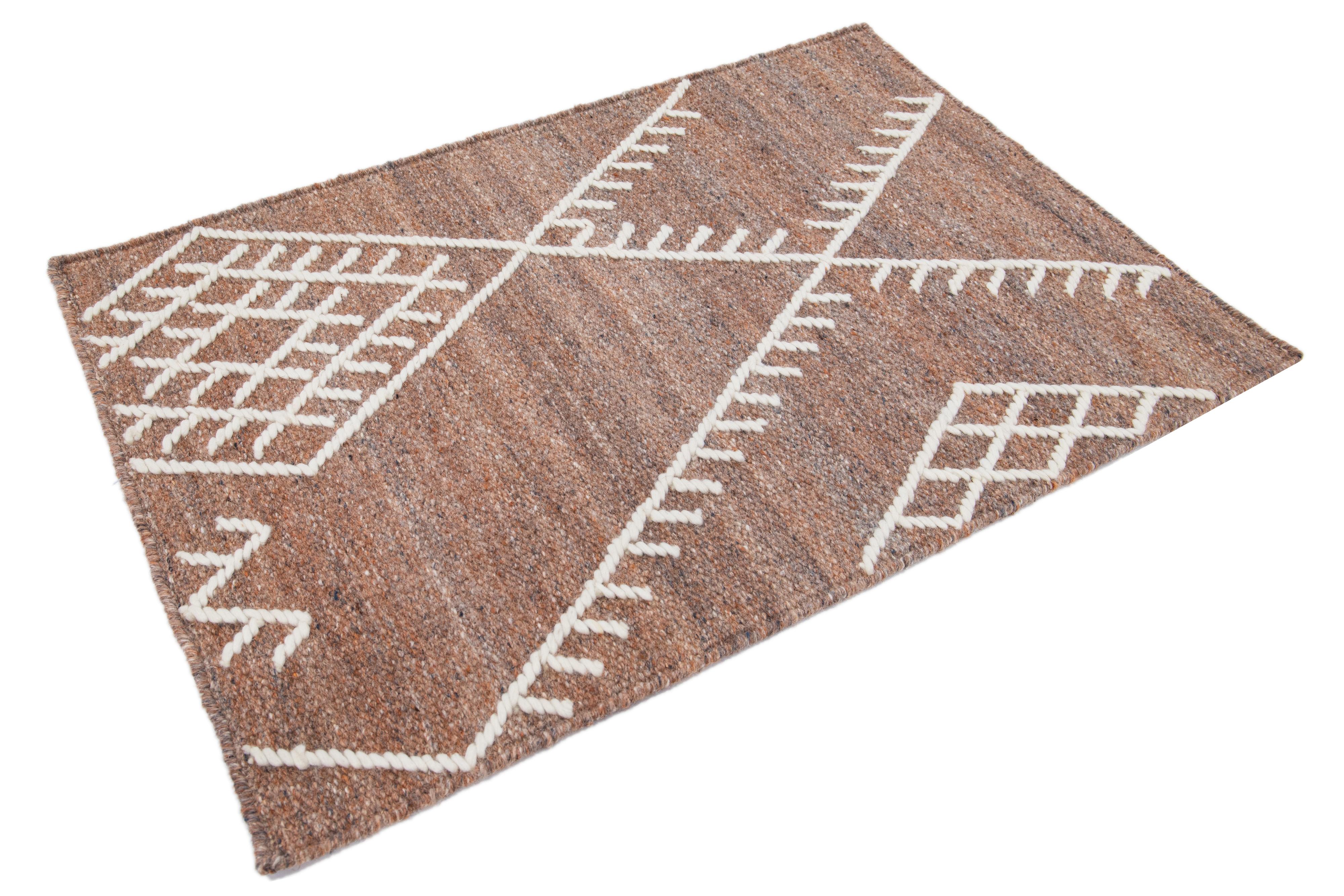 Hand-Woven Apadana's Flatweave Kilim Custom Brown Wool Rug For Sale