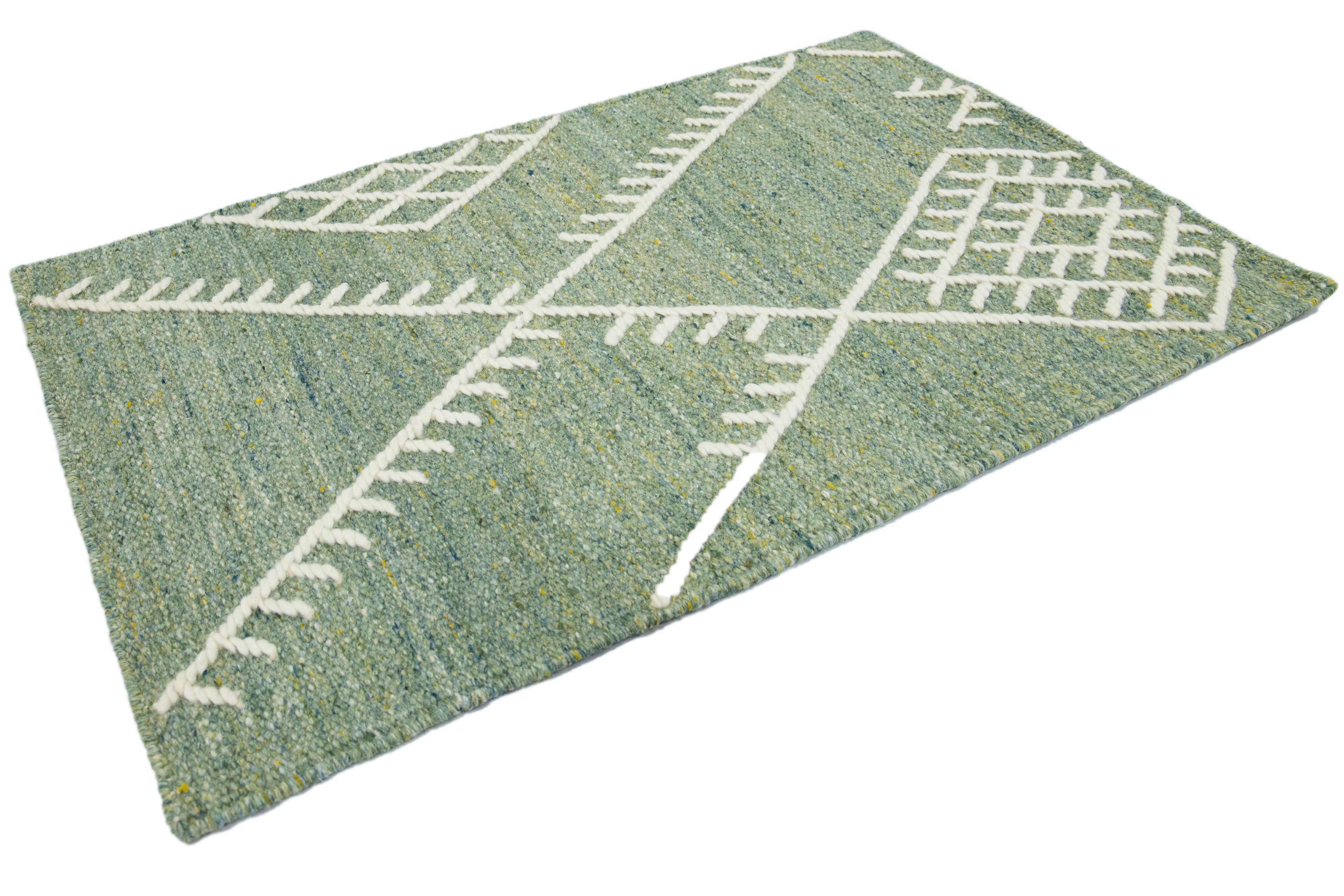 Hand-Woven Apadana's Flatweave Kilim Custom Green Wool Rug For Sale