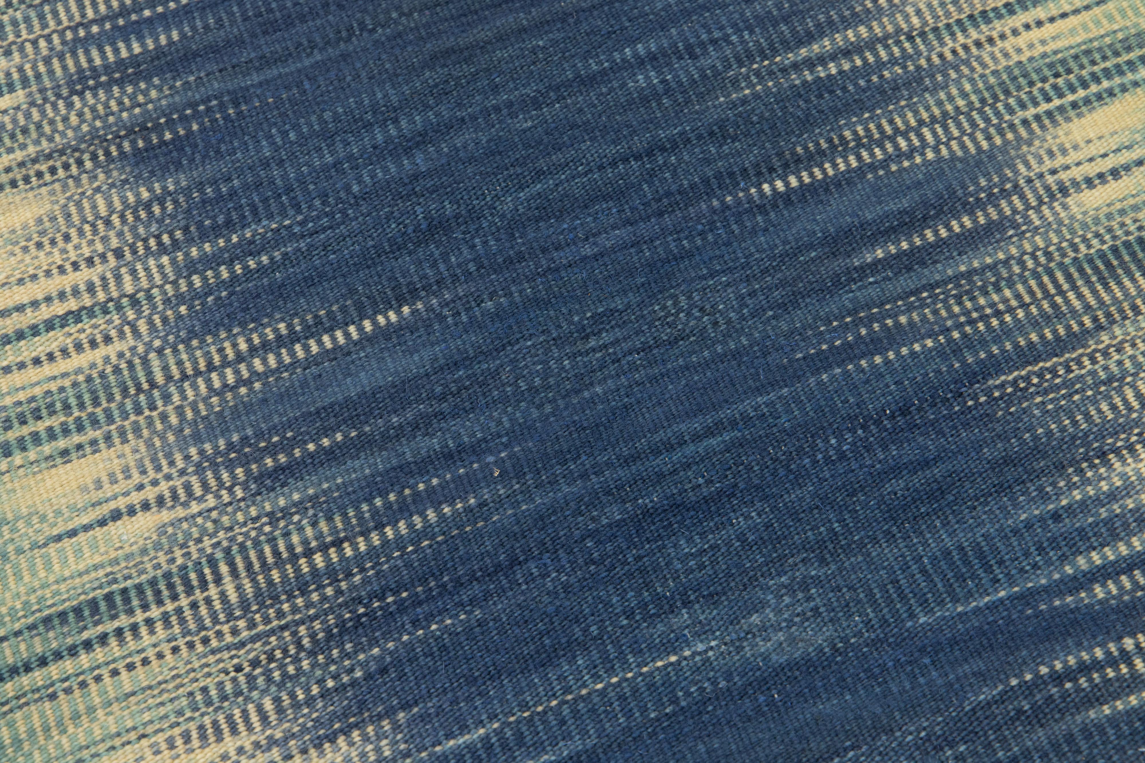 Hand-Woven Apadana's Flatweave Kilim Custom New Zealand Wool Rug In Blue and Green For Sale