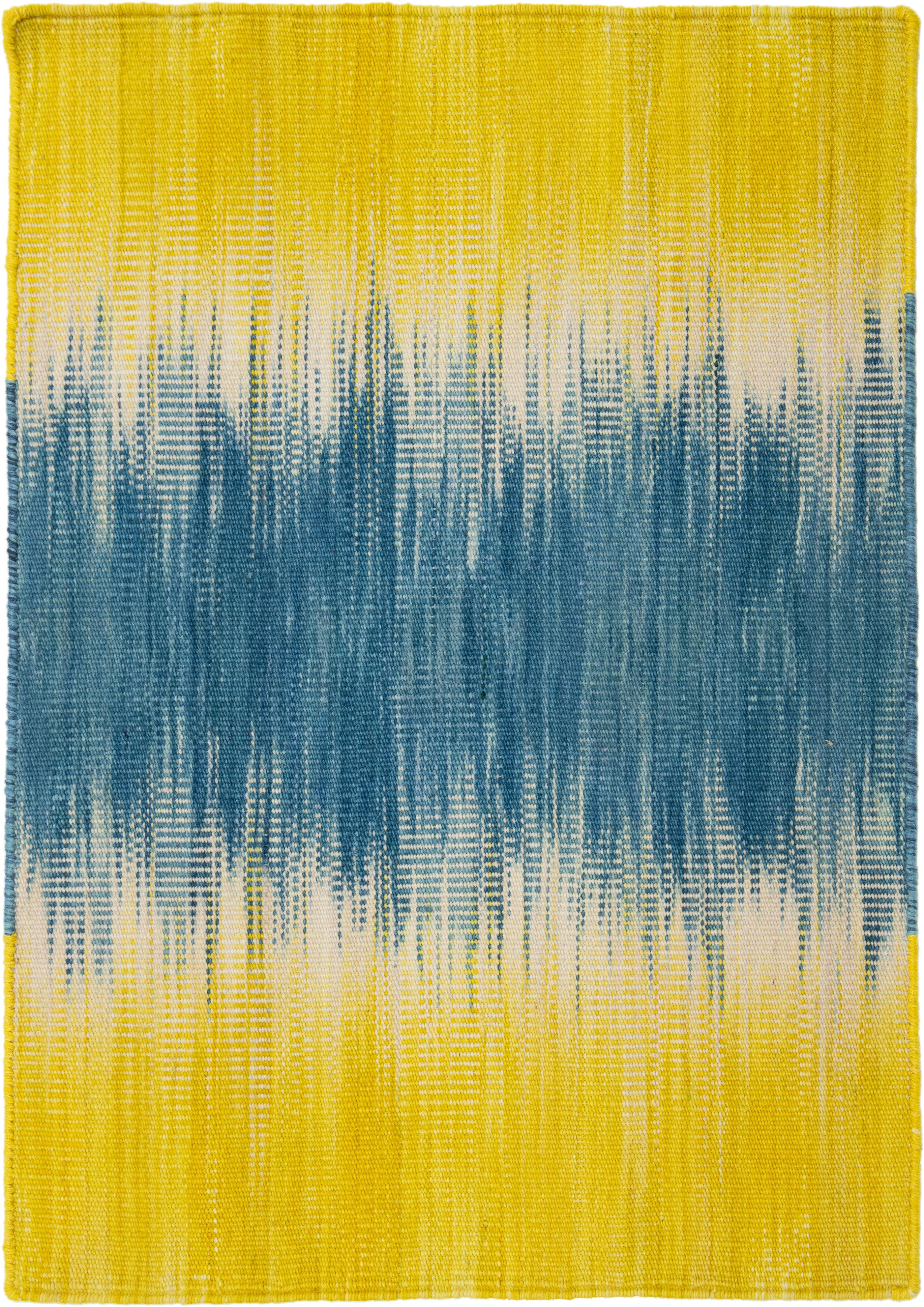 Apadana's Flatweave Kilim Custom Neuseeland Wolle Teppich In Blau und Gelb (Kelim) im Angebot