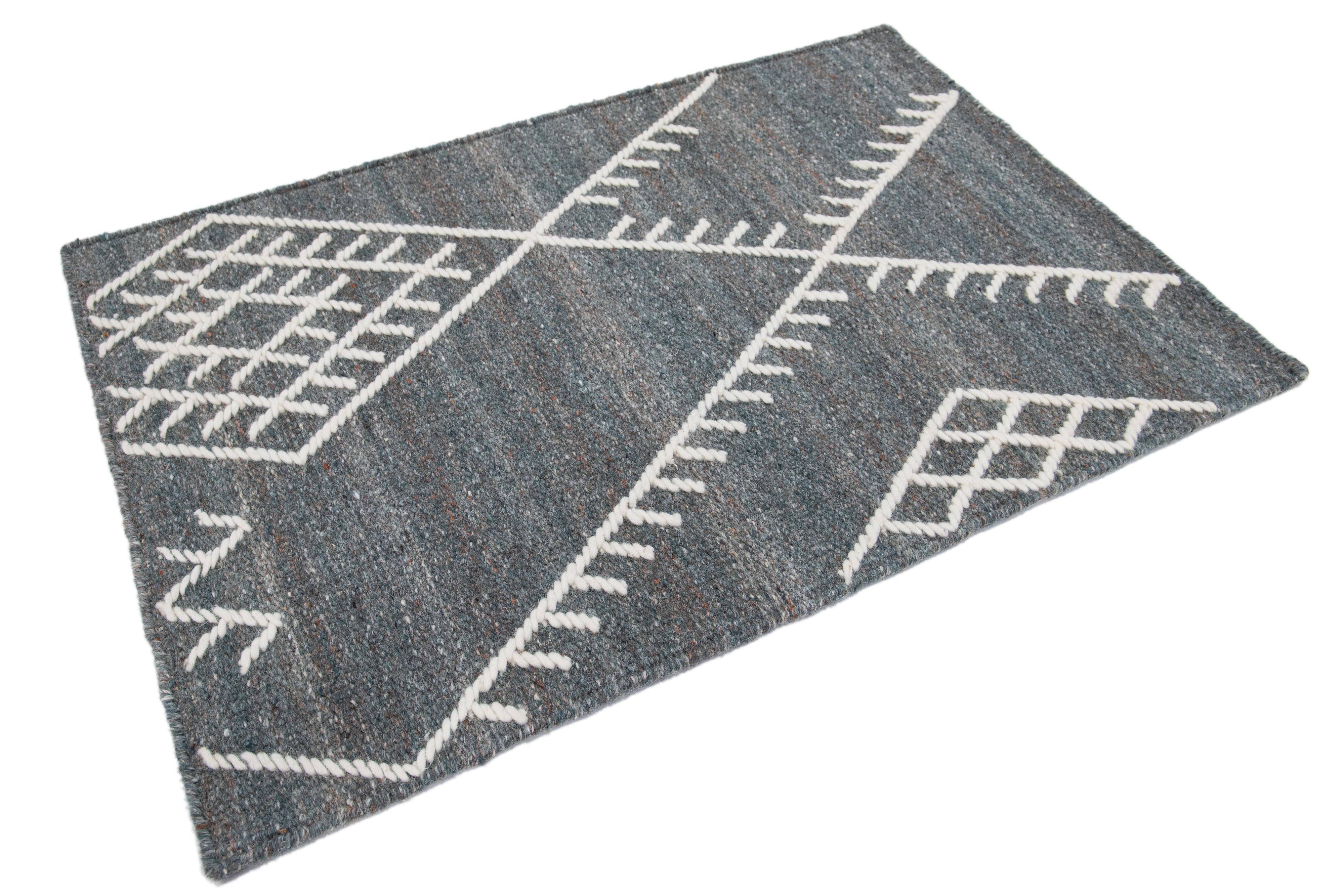 Hand-Woven Apadana's Flatweave Kilim Grey Custom Wool Rug For Sale