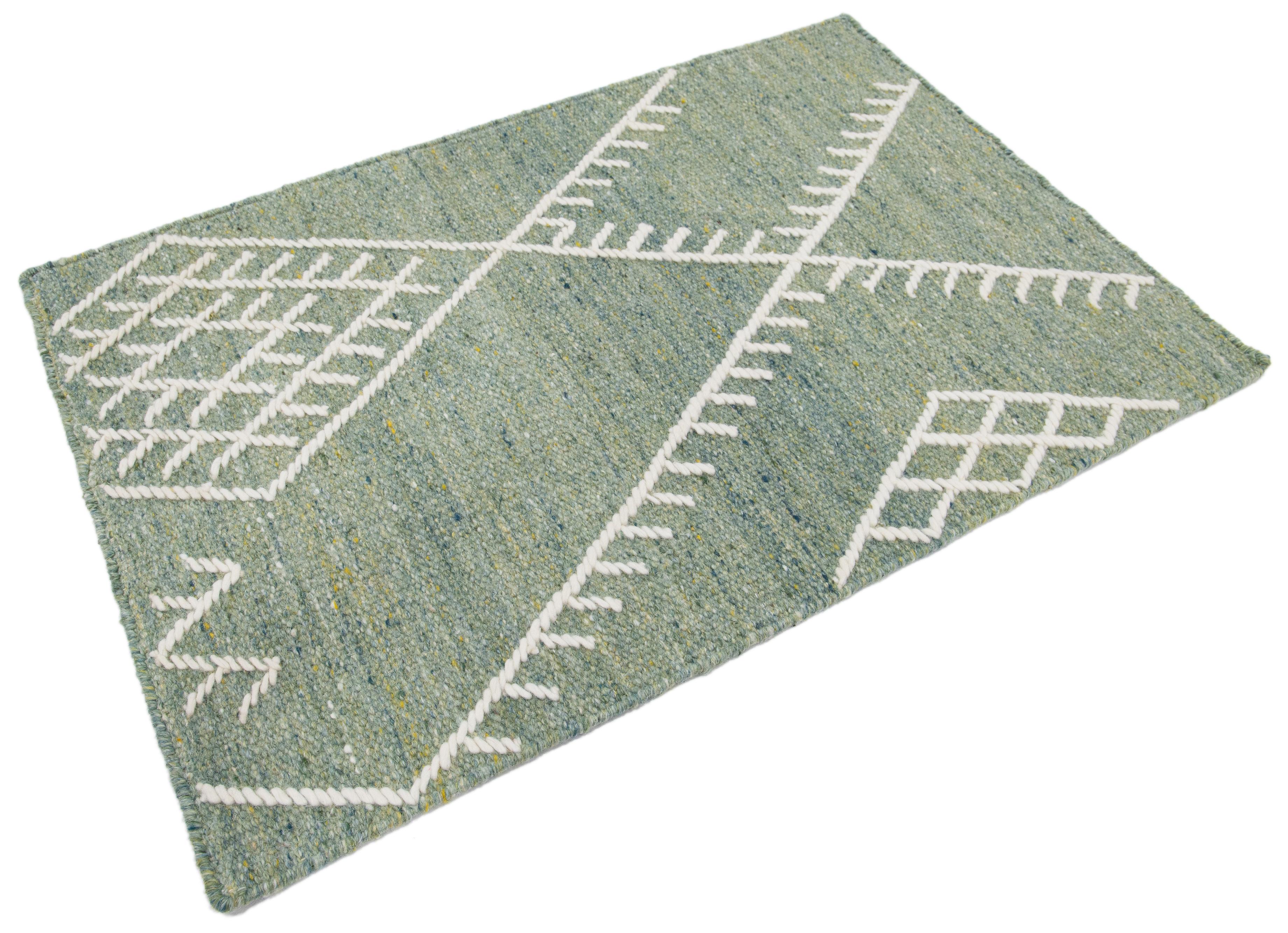 Hand-Woven  Apadana's Flatweave Kilim Green Custom Wool Rug For Sale