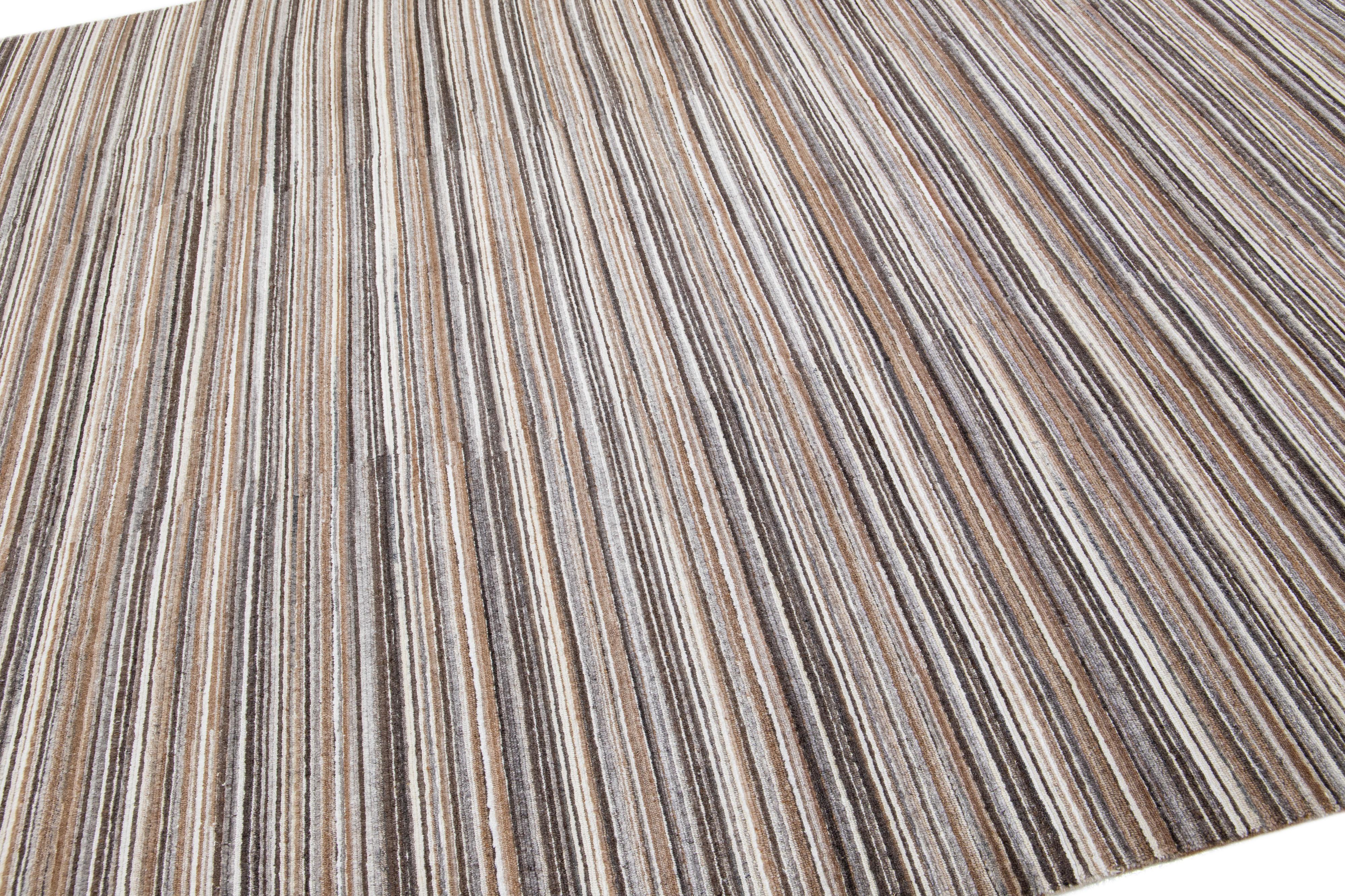 Organic Modern Apadana's Groove Handmade Bamboo/Silk Rug with Stripe Motif in Earthy Tones For Sale