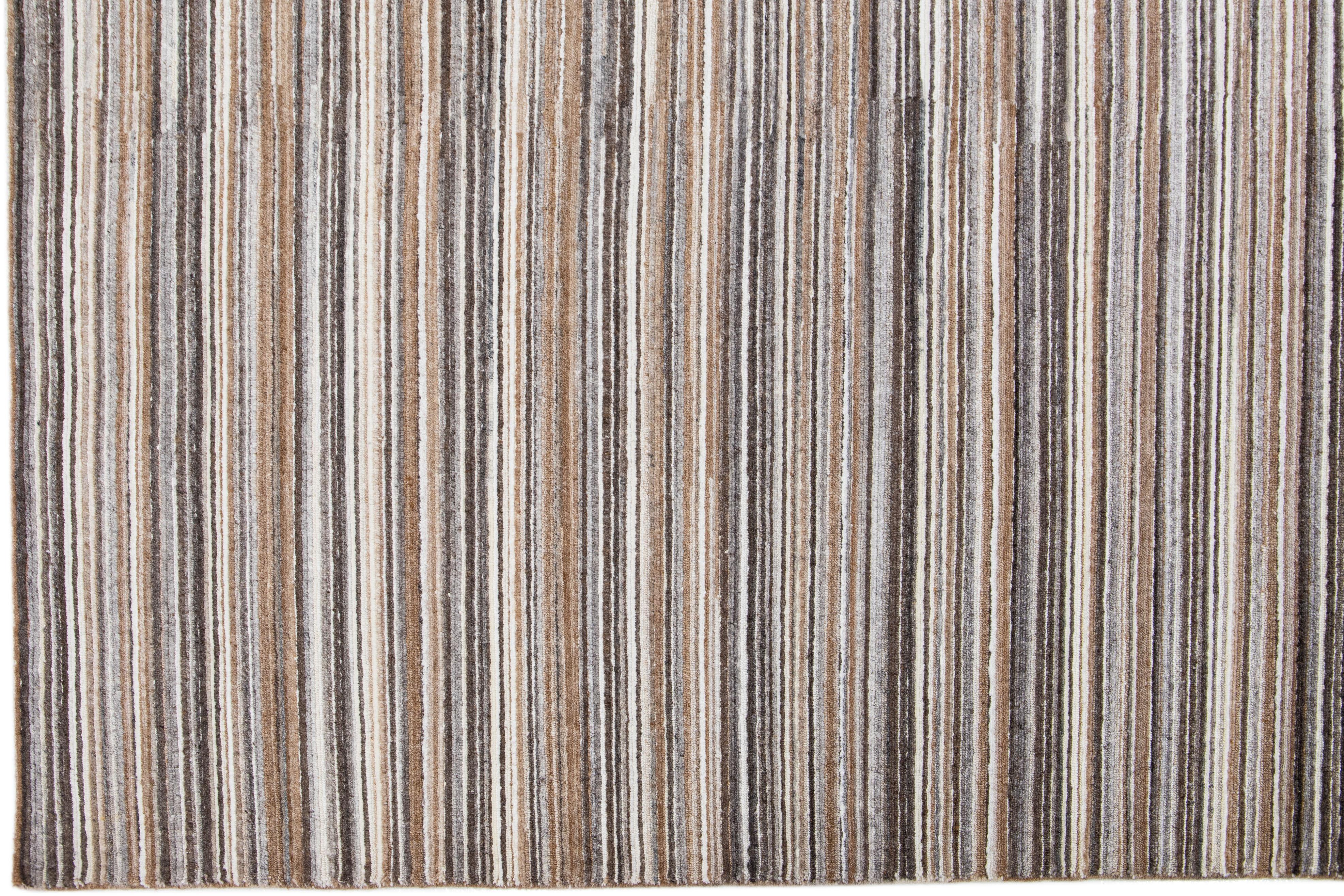 Hand-Knotted Apadana's Groove Handmade Bamboo/Silk Rug with Stripe Motif in Earthy Tones For Sale