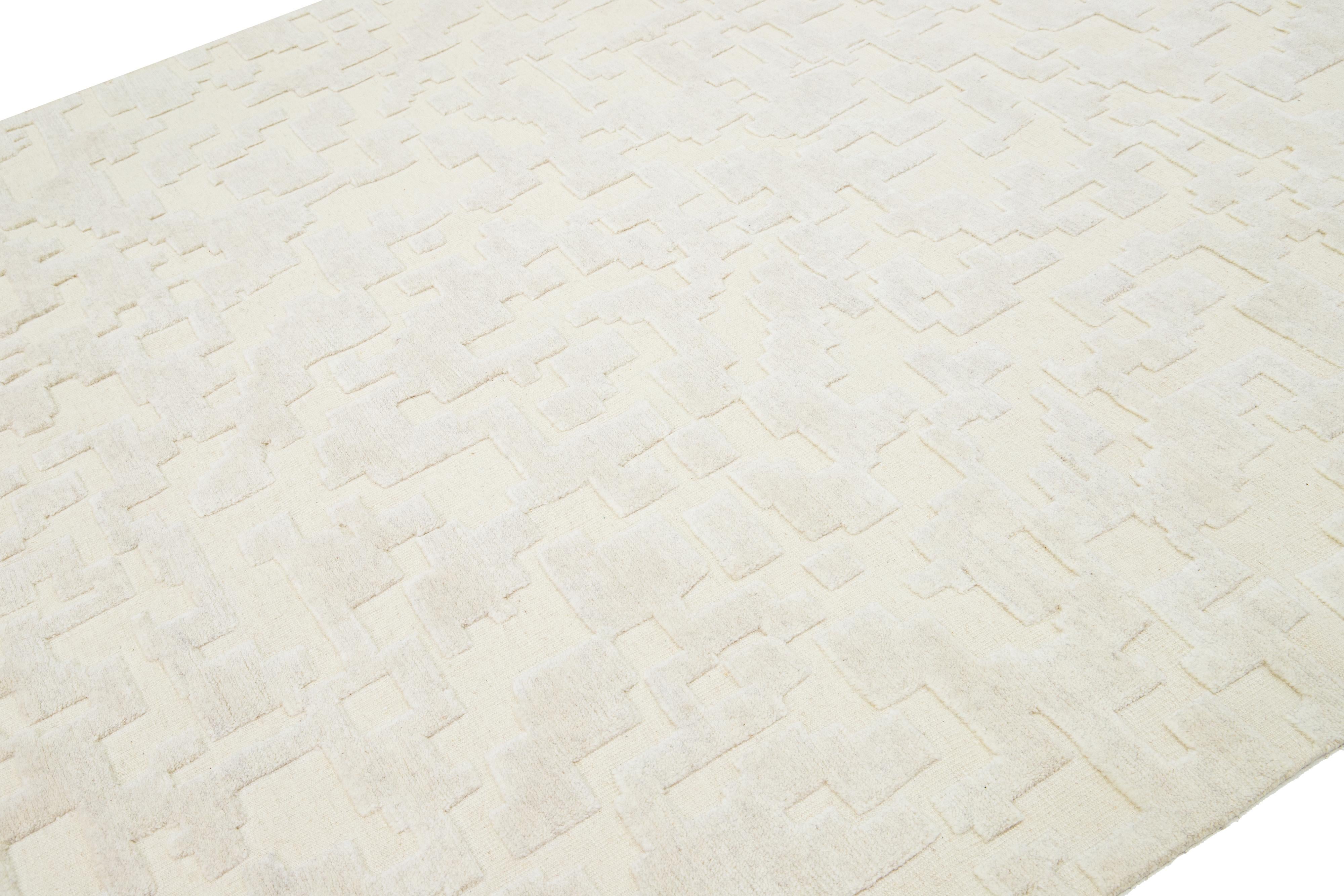 Organic Modern Apadana's Modern Abstract Moroccan Style Wool Rug In ivory  For Sale