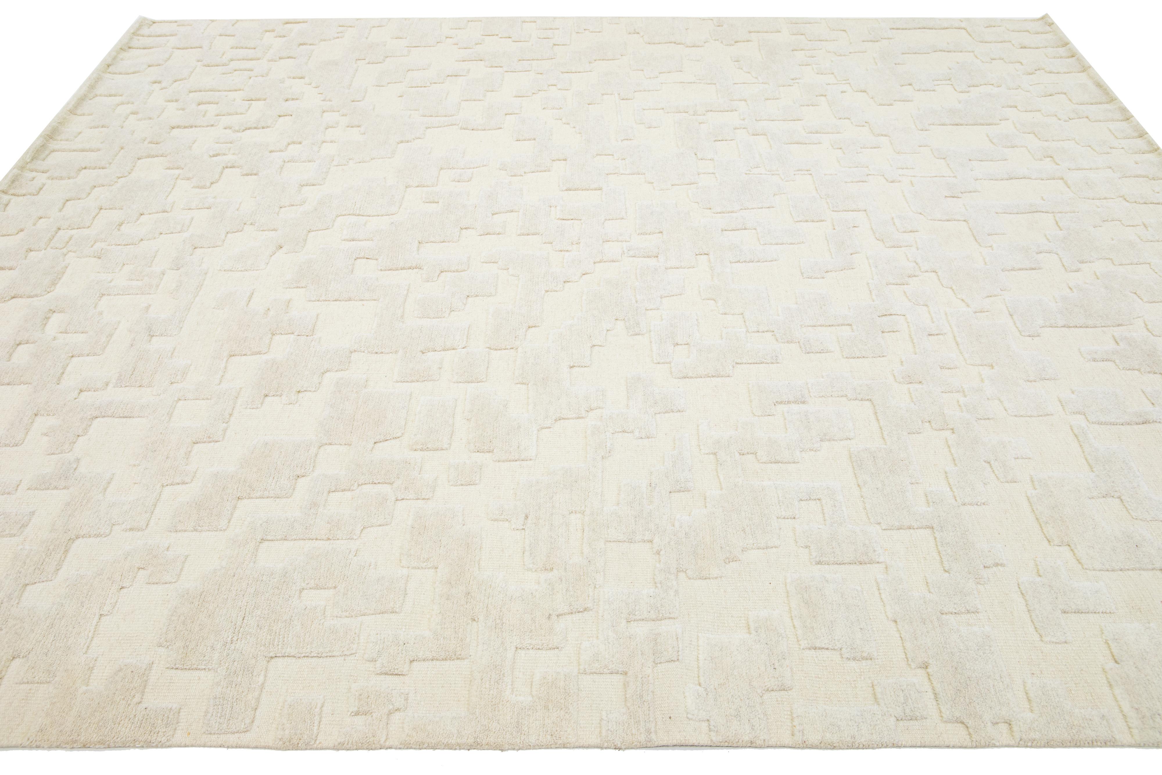 Hand-Knotted Apadana's Modern Abstract Moroccan Style Wool Rug In ivory  For Sale