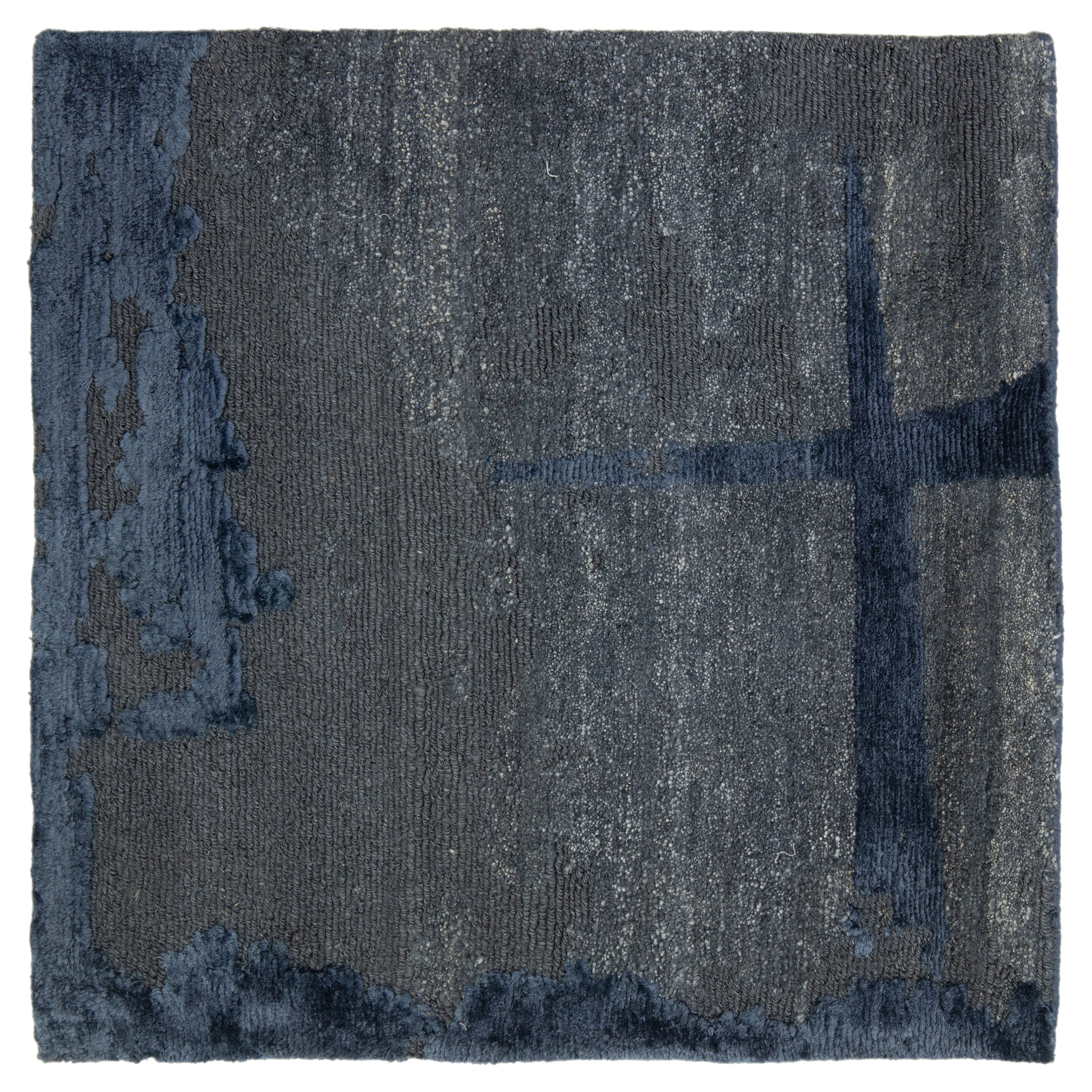 Apadana's Modern Aloe and Silk Custom Rug In Gray and Blue For Sale
