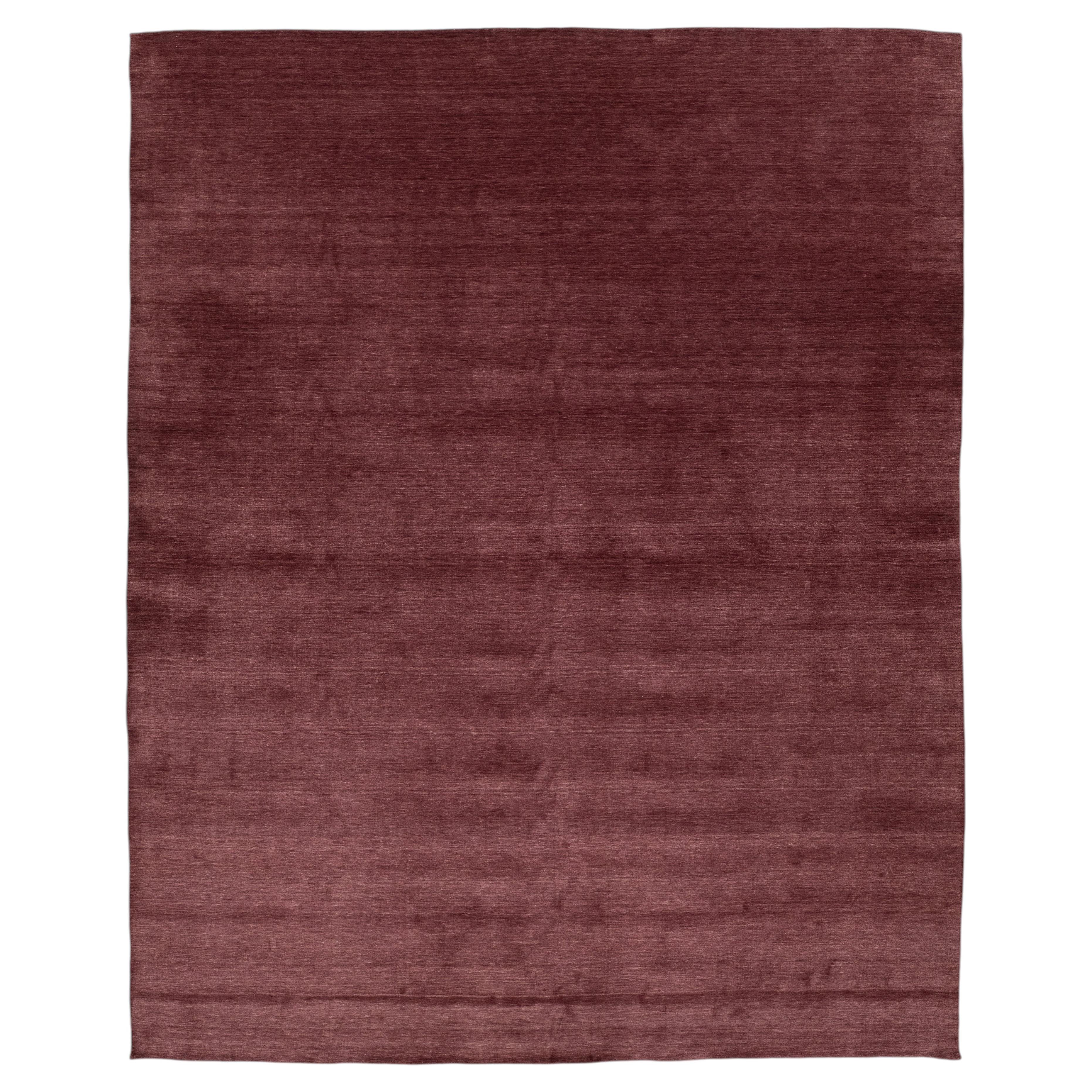 Apadana's Modern Gabbeh Hand-Loom Wool Area Rug In Deep Plum 12x15 For Sale