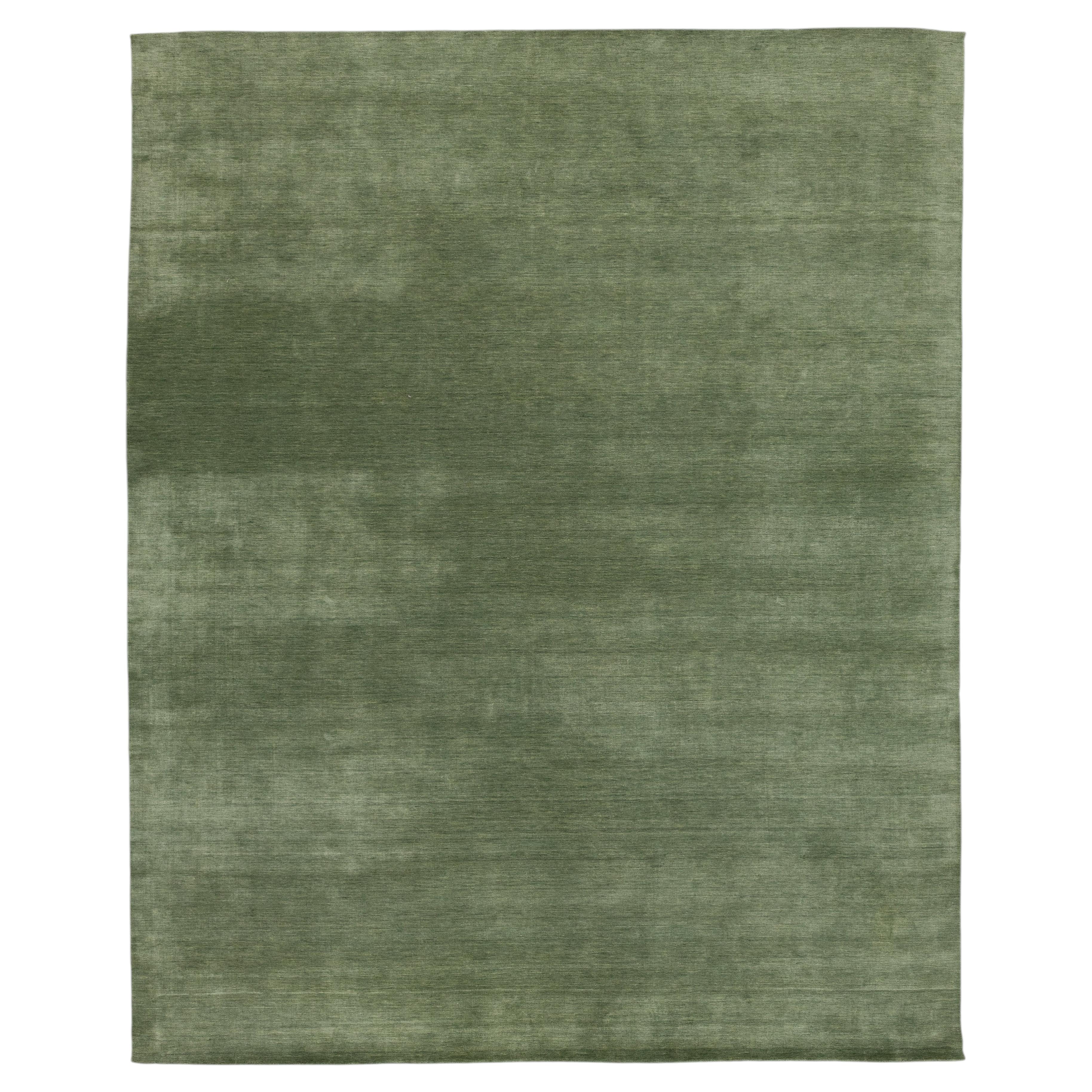 Apadana's Modern Gabbeh Hand-Loom Wool Area Rug In Green 12x15 For Sale