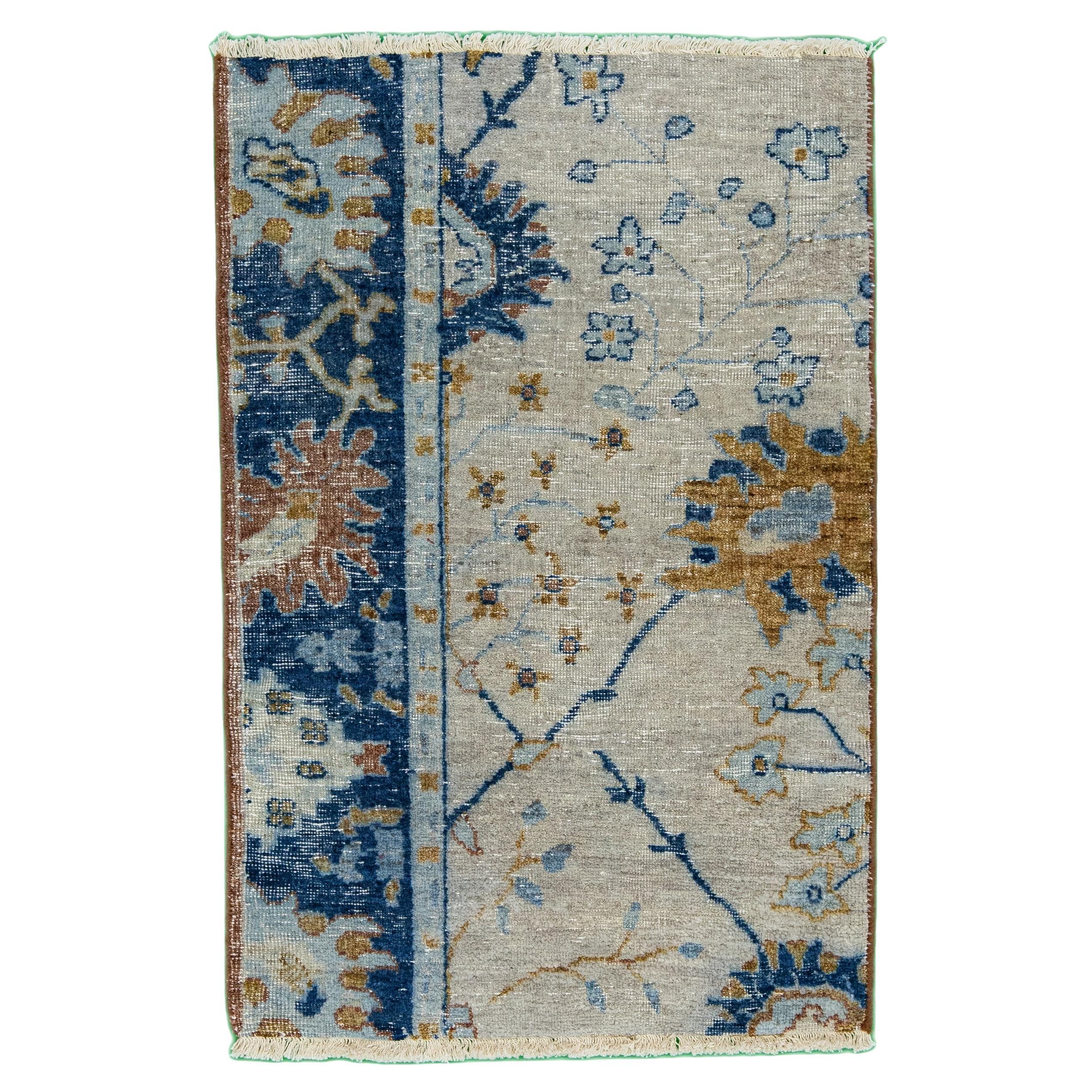 Apadana's Modern Mahal Style Handmade Blue/Brown Custom Wool Rug