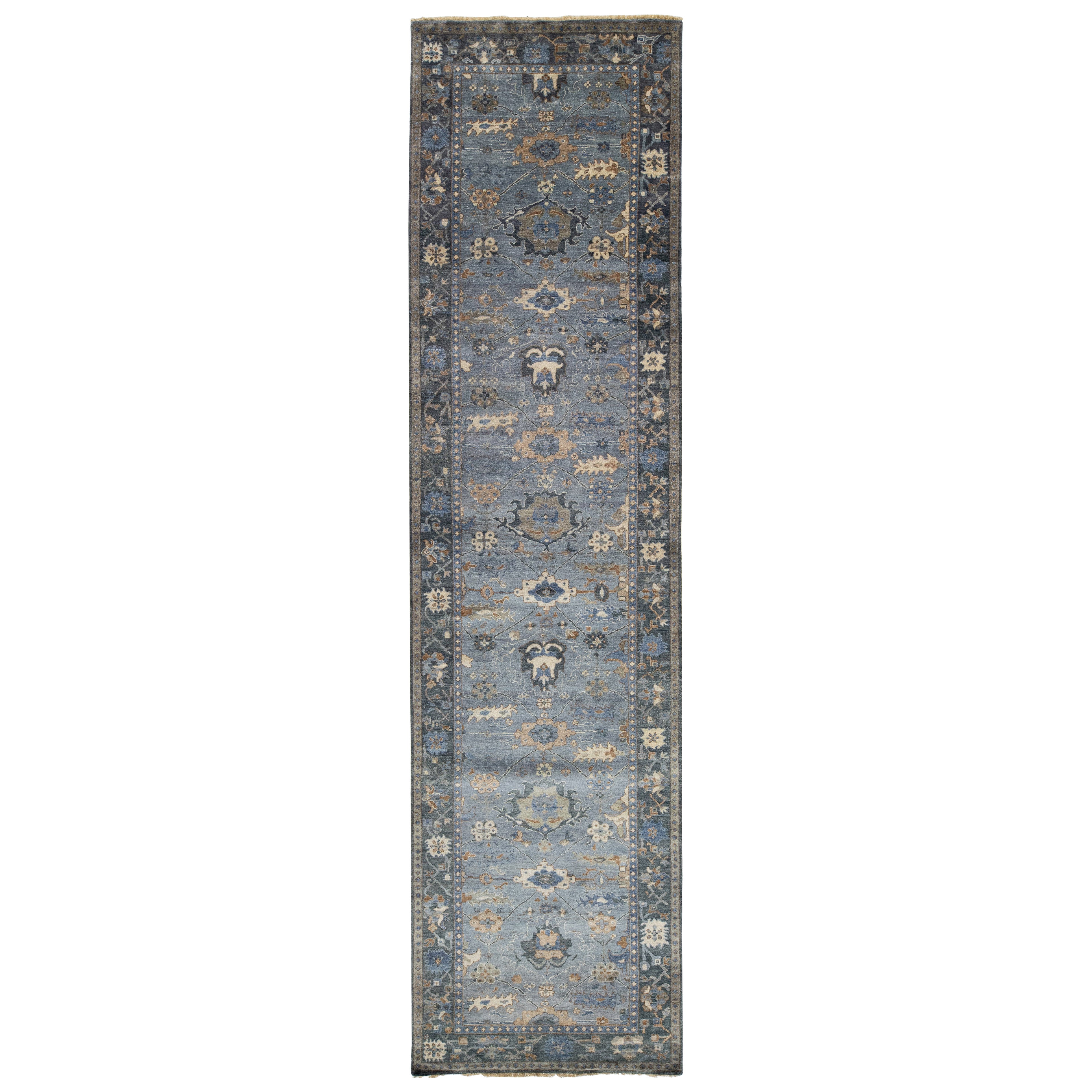 Tapis de couloir en laine indienne bleu de style Mahal moderne d' Apadana fait à la main en vente