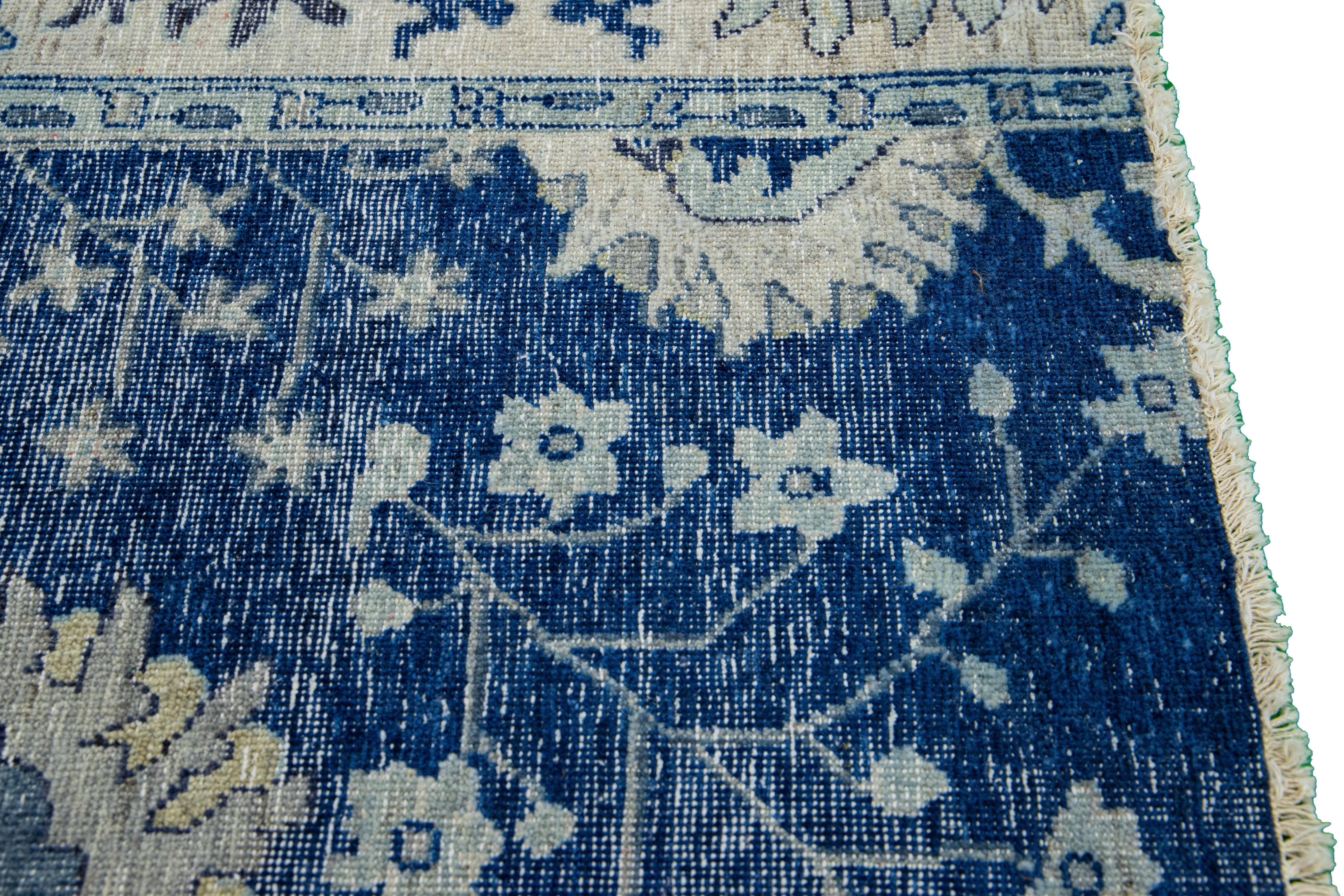 Islamic Apadana's Modern Mahal Style Handmade Navy Blue Custom Wool Rug For Sale