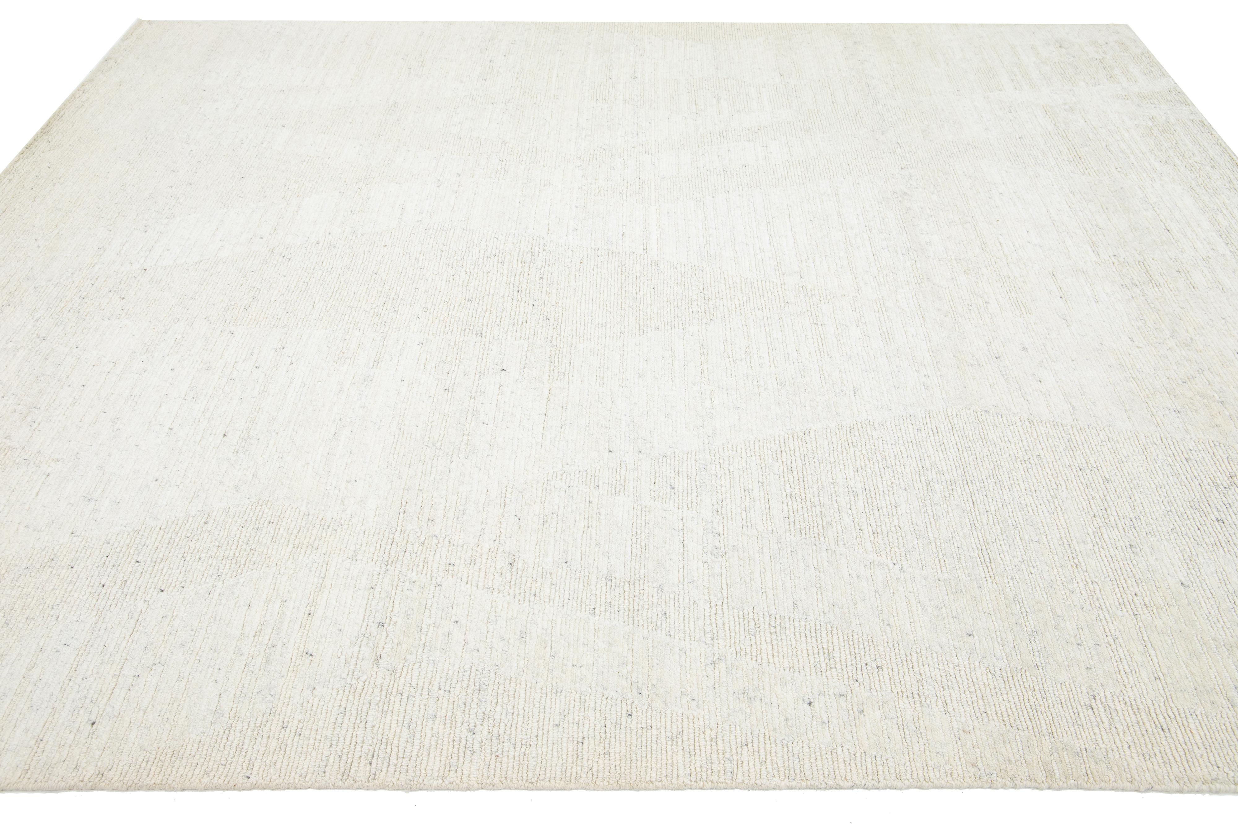 Hand-Knotted Apadana's Modern Moroccan Style Wool Rug In Ivory Features a Minimalist Design For Sale